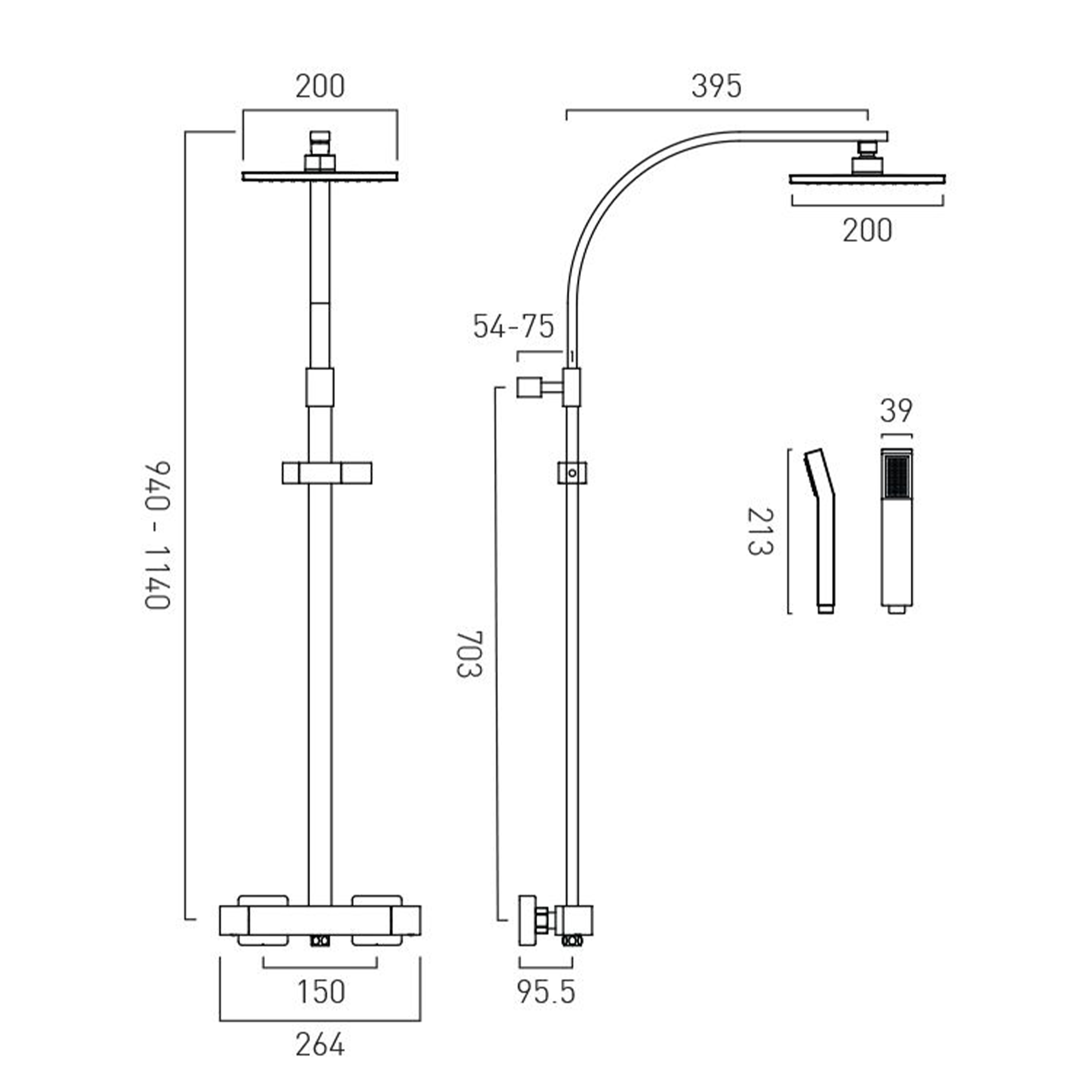 Vado Velo Rigid Riser Shower Kit with Exposed Thermostatic Shower Valve, Square Fixed Head and Handset