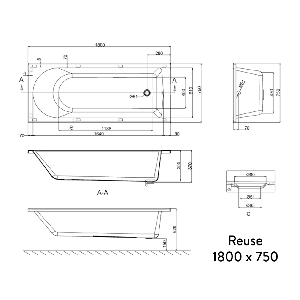 Britton Bathrooms Reuse Bath - 1500, 1600, 1700 & 1800mm