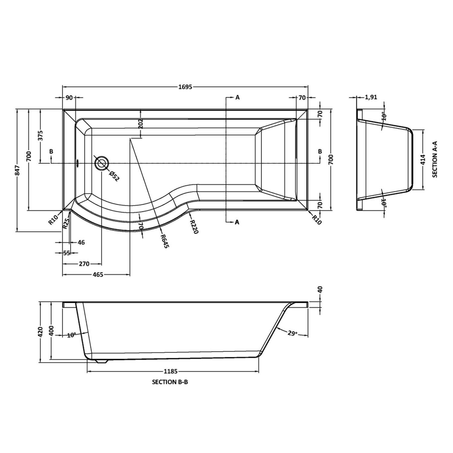 Drench P Shaped Shower Bath & Optional Panel - 1700mm