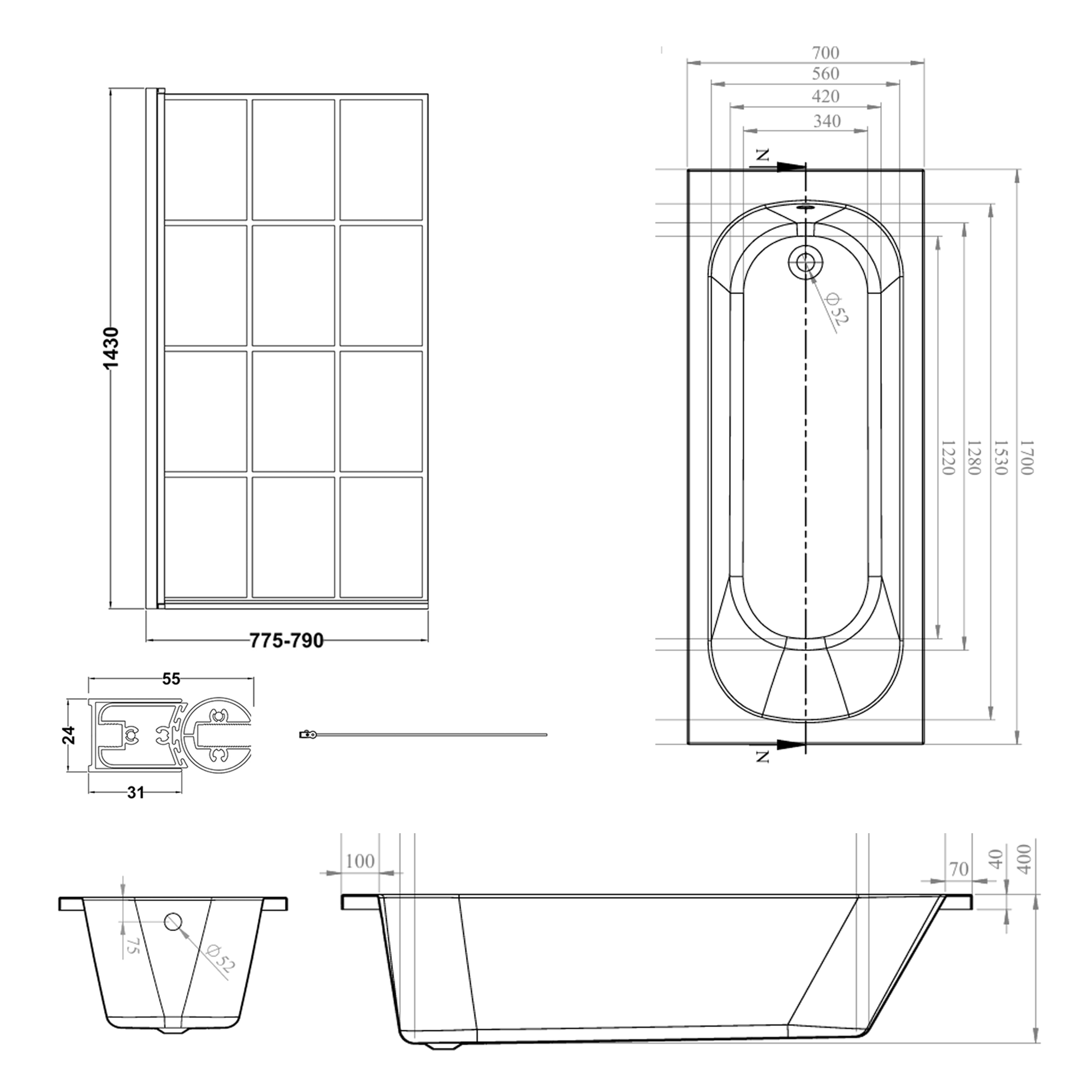 Armourcast Reinforced Single Ended Shower Bath & Matt Black Shower Screen