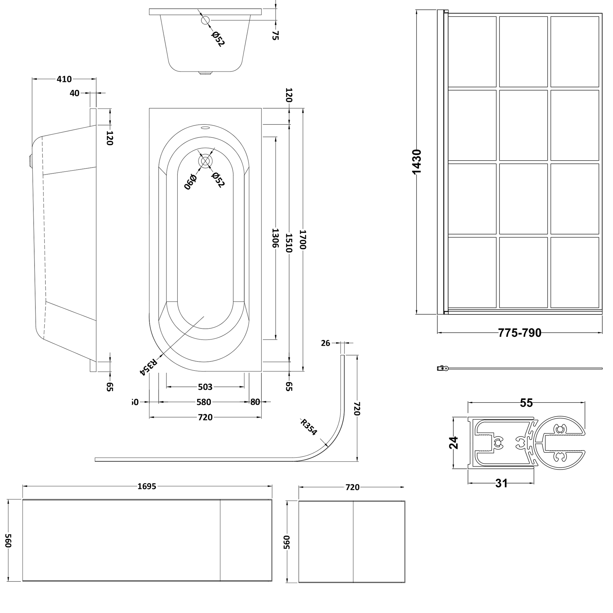 Drench J Shaped Shower Bath with Panel & Shower Screen - 1700mm