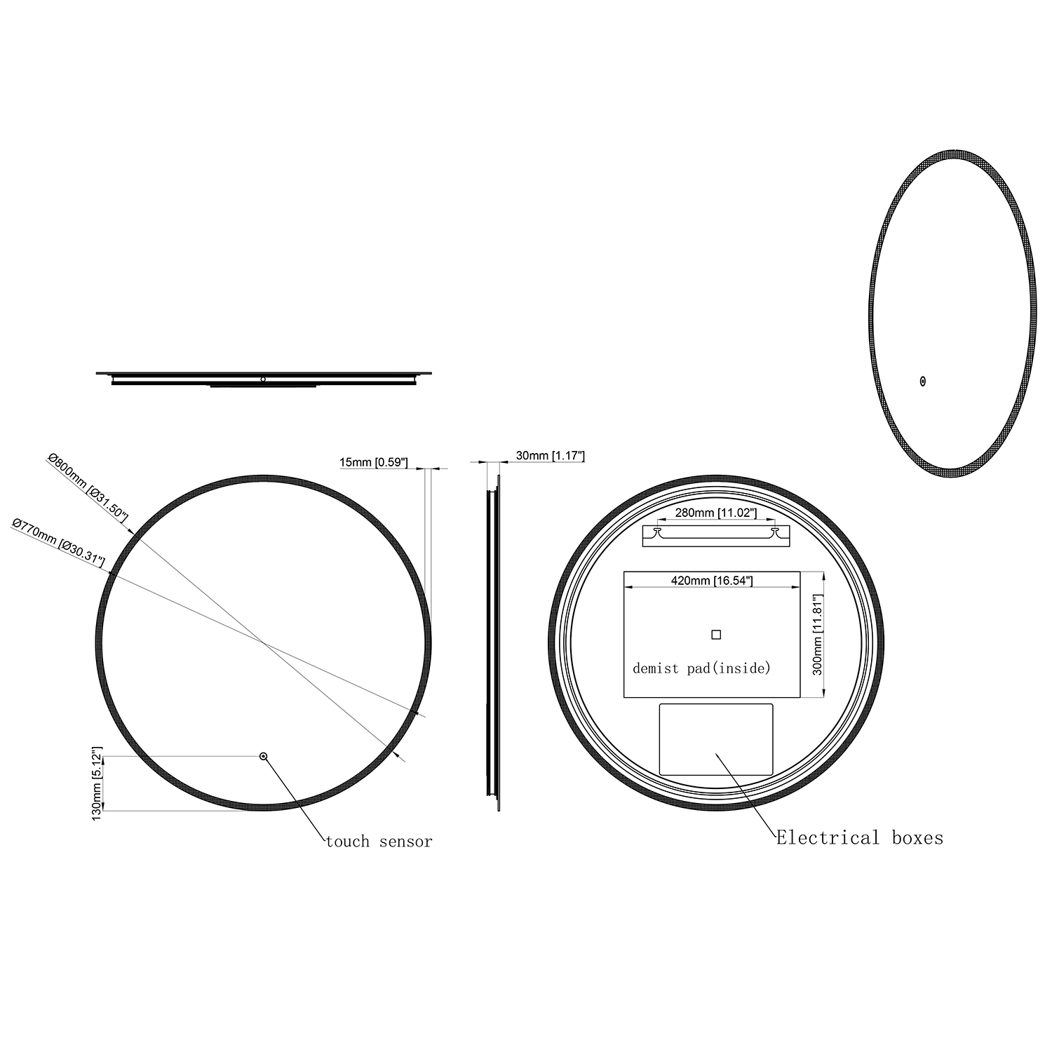 Nicole LED Illuminated Round Slimline Bathroom Mirror with Demister Pad & Colour Change LEDs - 600mm & 800mm