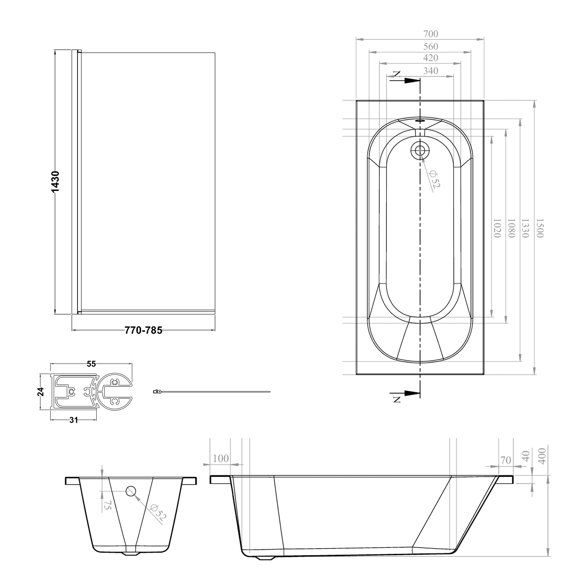 Armourcast Reinforced Single Ended Shower Bath & Shower Screen