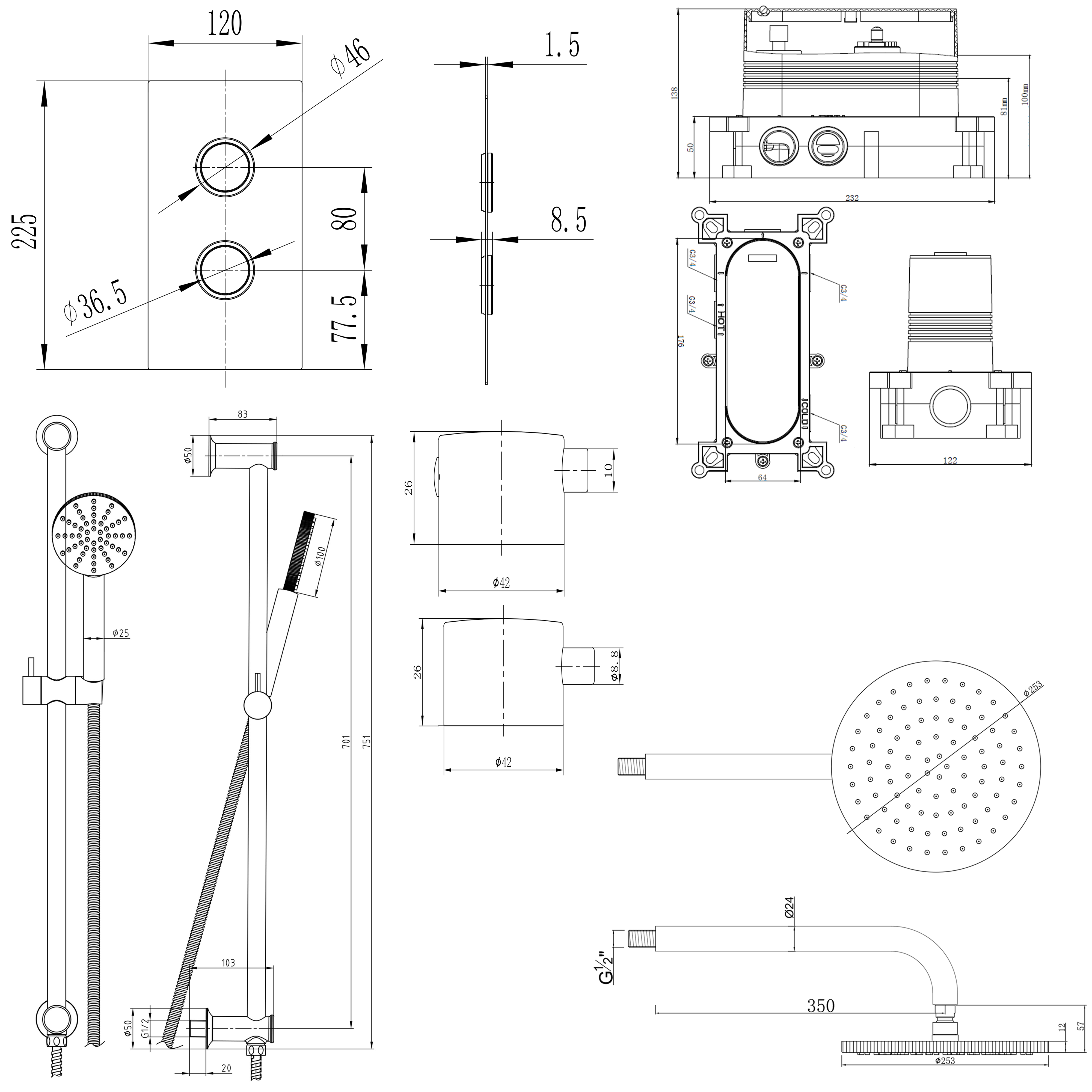 Core Shower Package with 2 Outlet Concealed Valve, Shower Head & Fluted Handset Slide Rail Kit