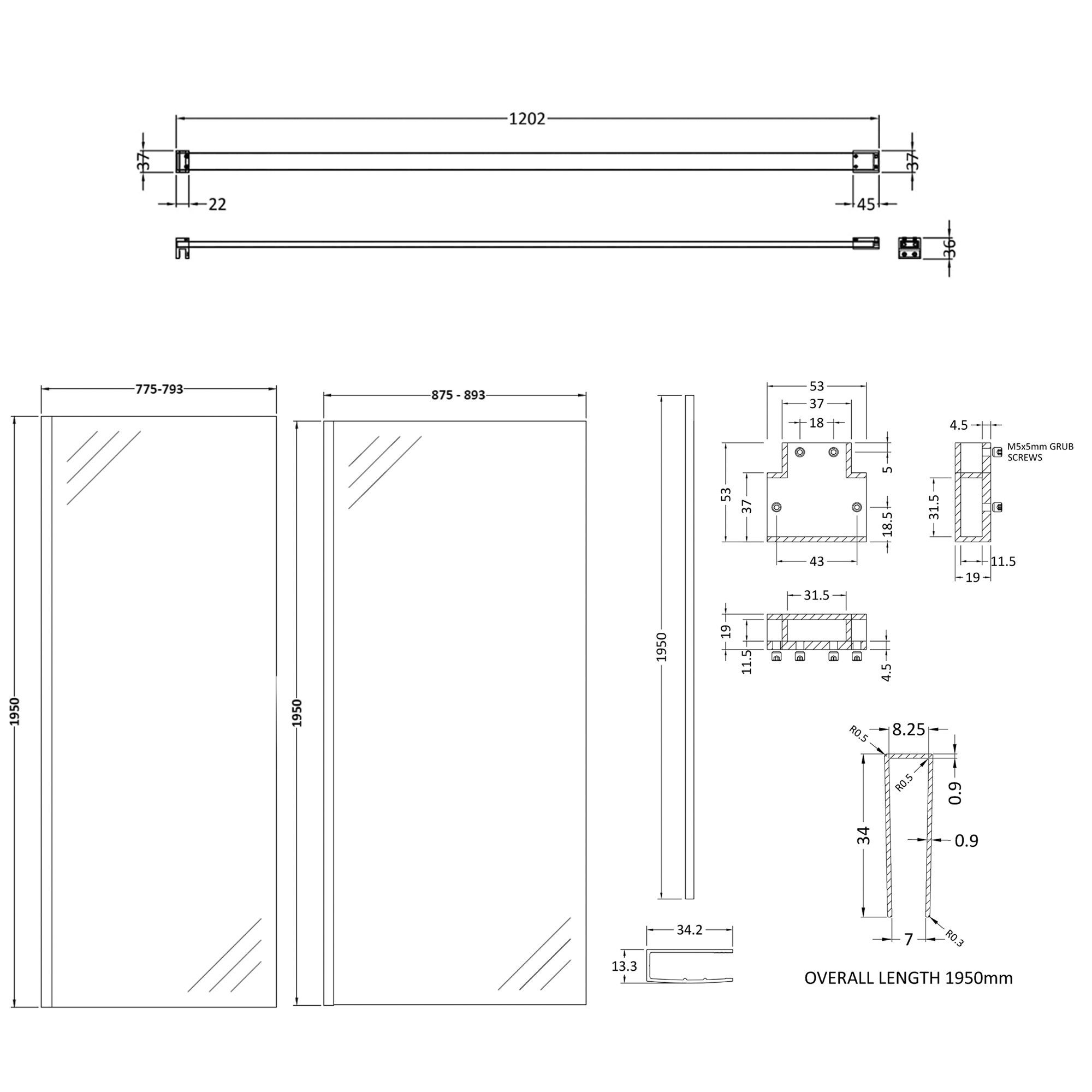 Harbour Frame Brushed Brass Walk in Glass Shower Screen 2 Panel Pack with Support Bar