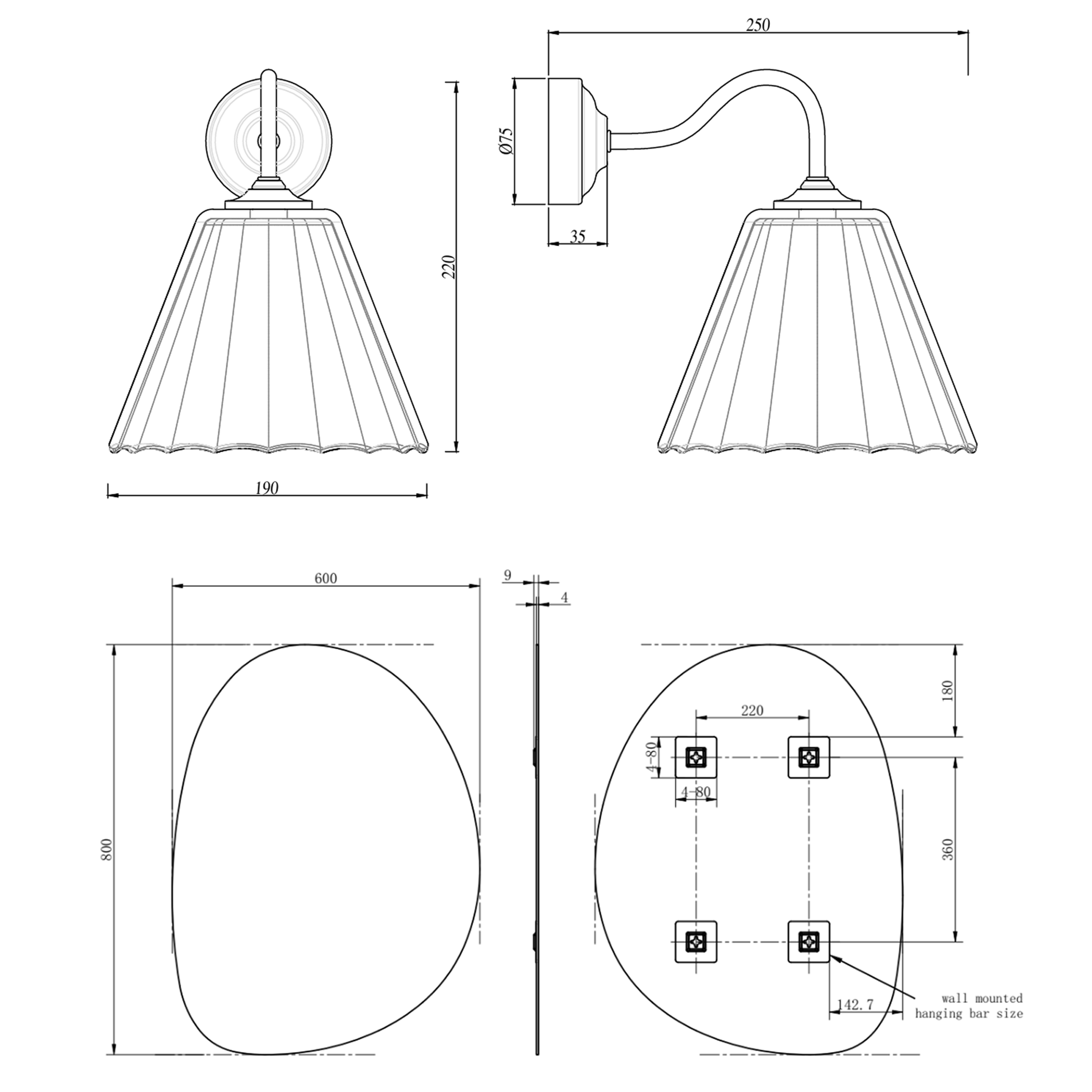 Organics Slim Mirror with Set Of 2 Fluted Glass Wall Shade Lights