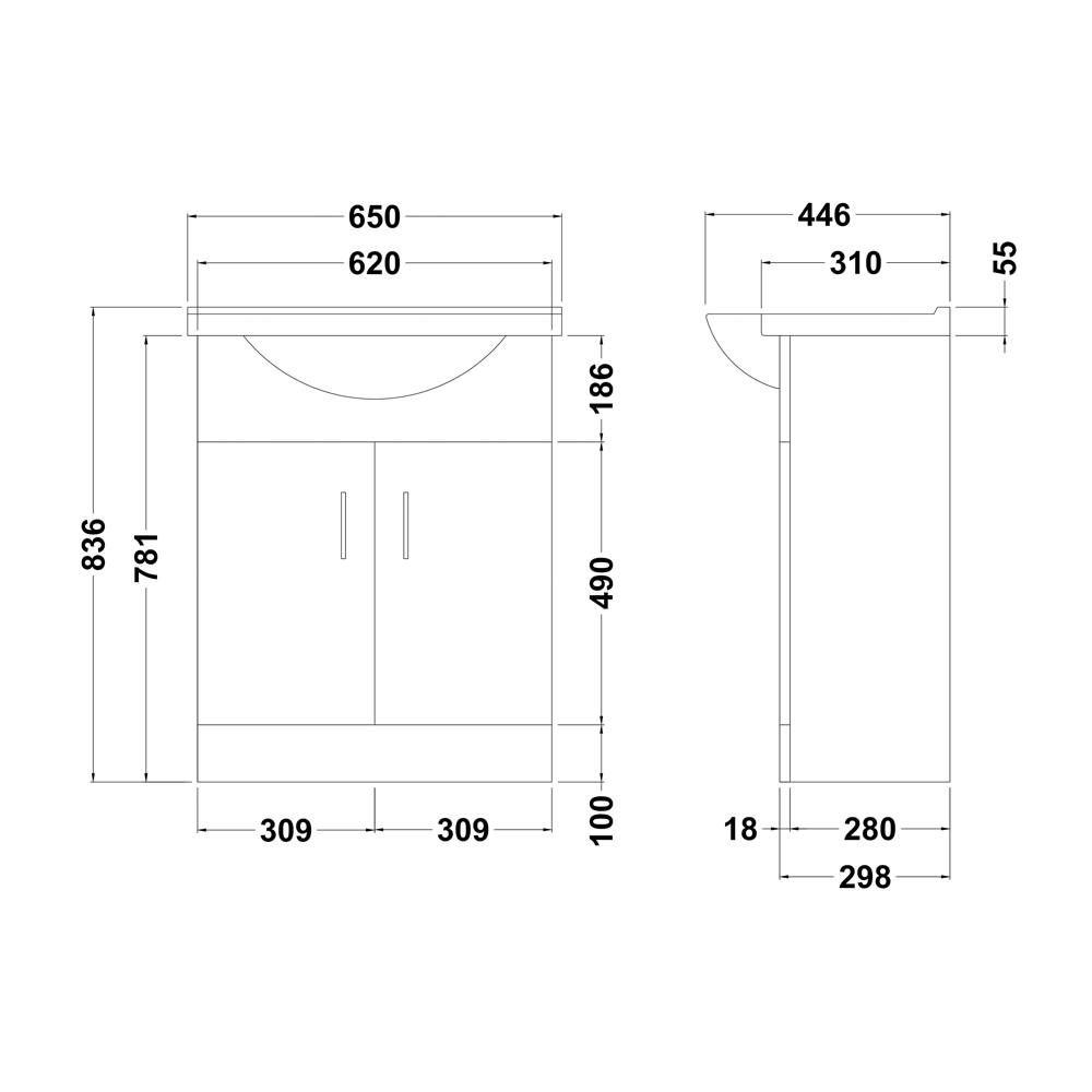 Vellamo Alpine 650mm Floorstanding Vanity Unit & Basin - Gloss White