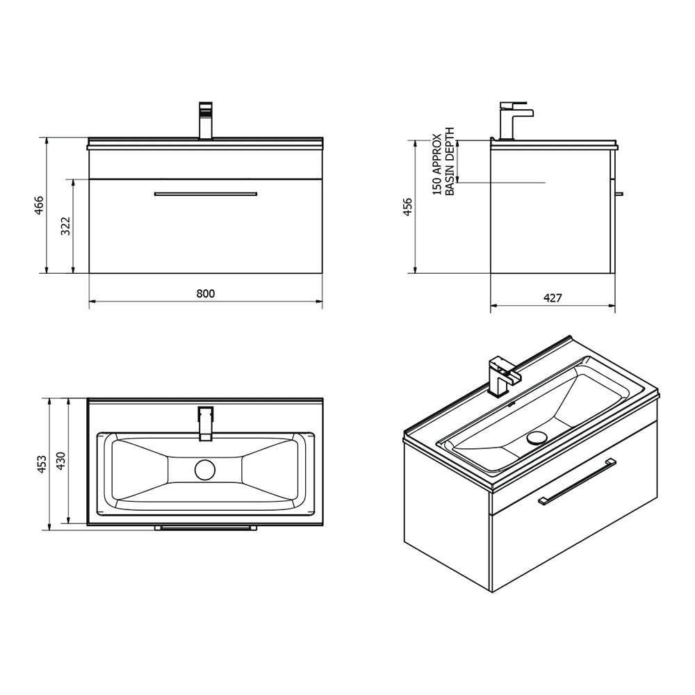 Vellamo Aspire 800mm Wall Mounted 1 Drawer Vanity Unit & Basin - Gloss Grey