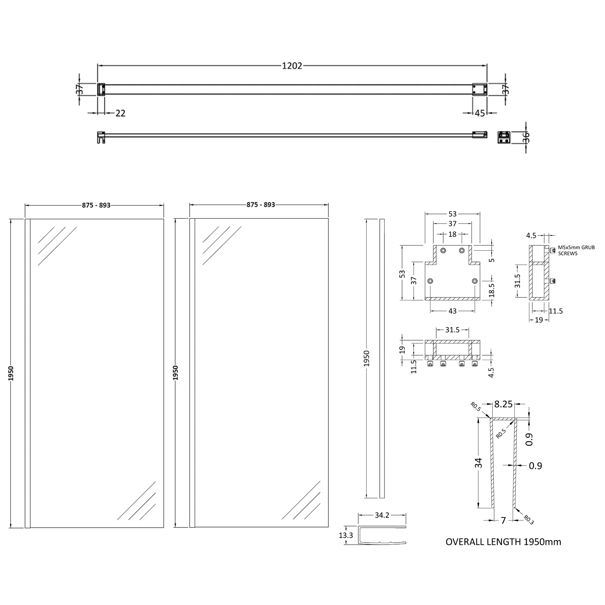 Harbour Frame Brushed Brass Walk in Glass Shower Screen 2 Panel Pack with Support Bar