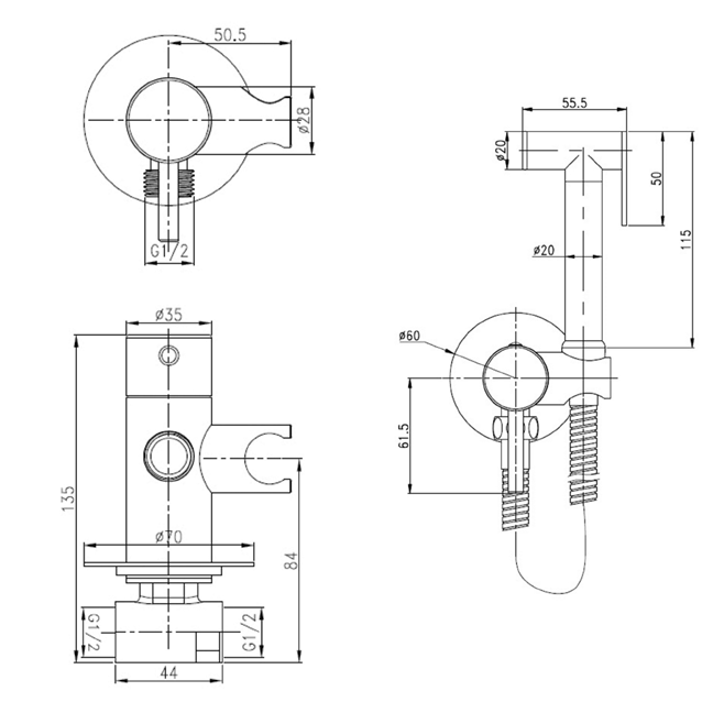 VOS Douche Handset with Hose & Wall Bracket - Brushed Bronze