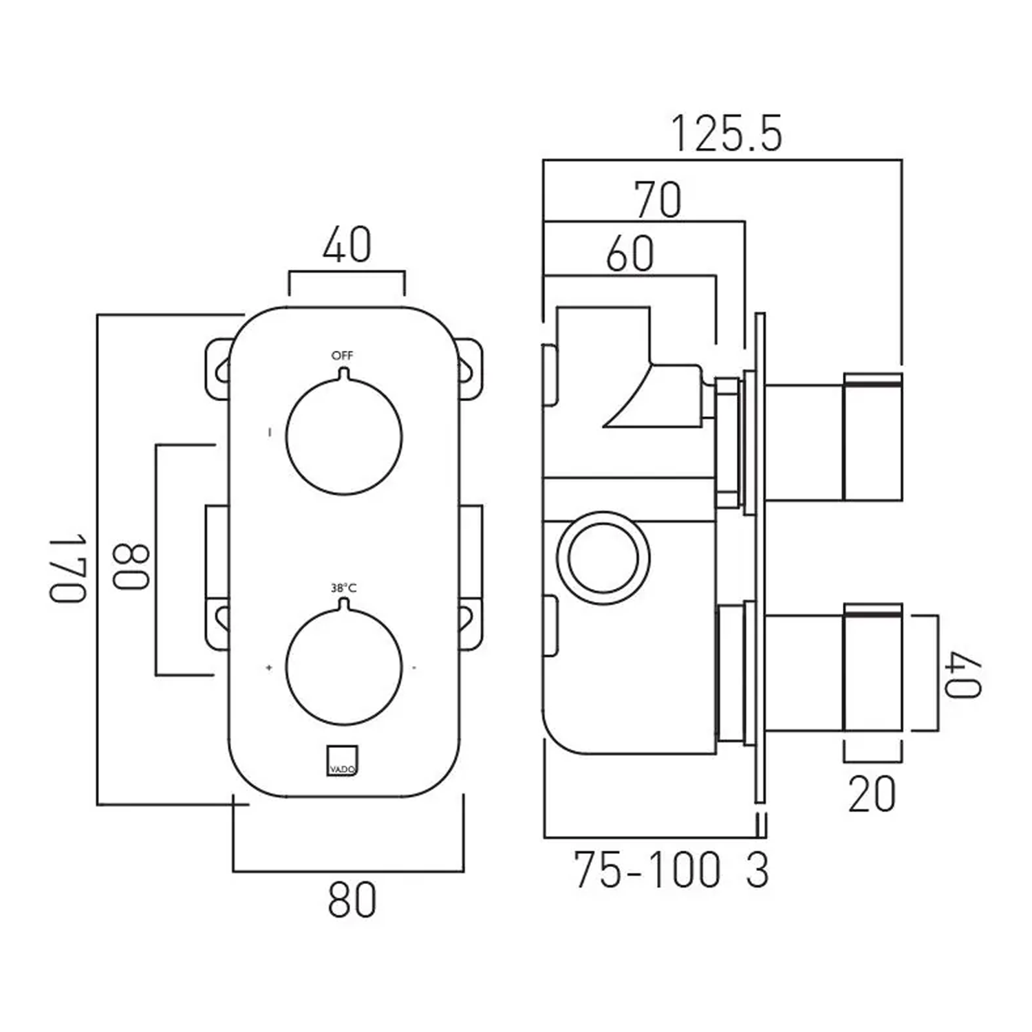Vado Individual Tablet Altitude Vertical 1 Outlet 2 Handle Thermostatic Concealed Shower Valve