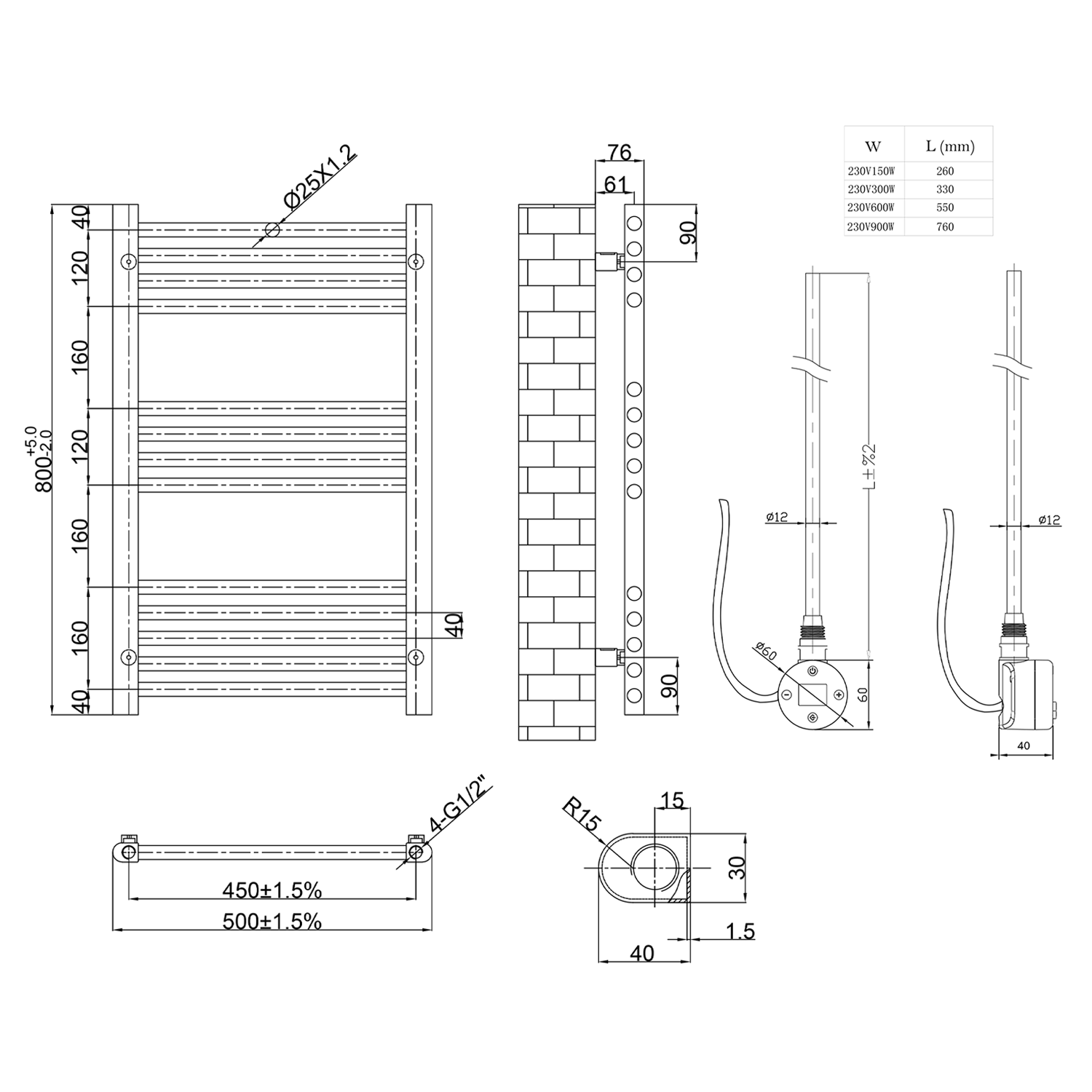 Toasty Glow Premium Matt White 25mm Electric Heated Towel Rail with Heating Element