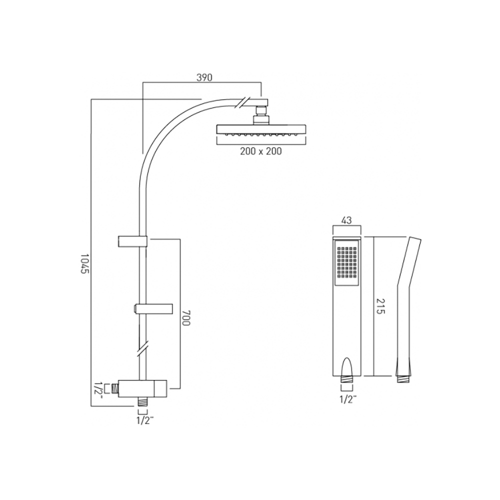 Vado Single Function Rigid Riser Kit with Fixed Shower Head and Shower Handset