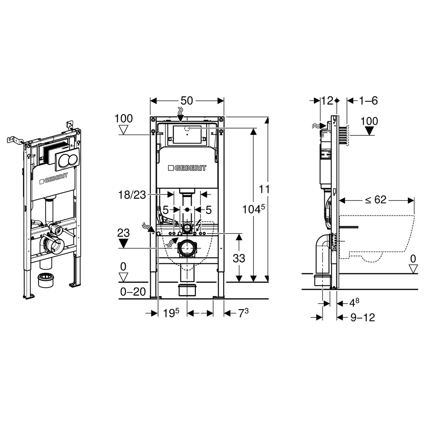 Geberit Duofix 1120mm Concealed Frame & Alpha Cistern with Chrome Dual Flush Plate