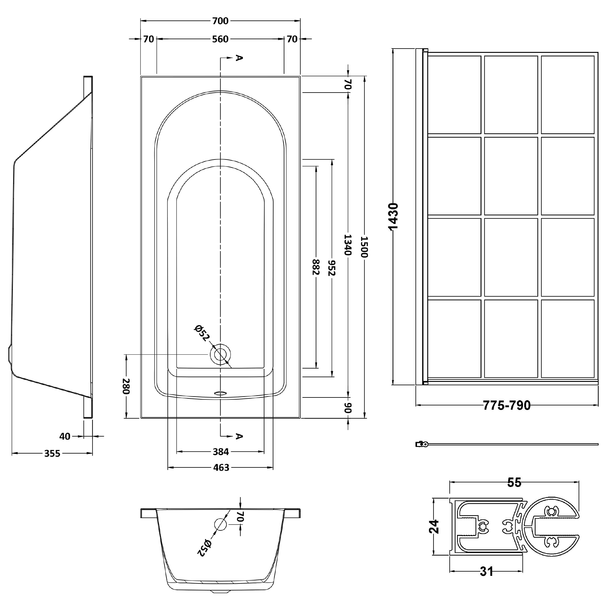 Drench Straight Single Ended Curved Bath & Matt Black Shower Screen
