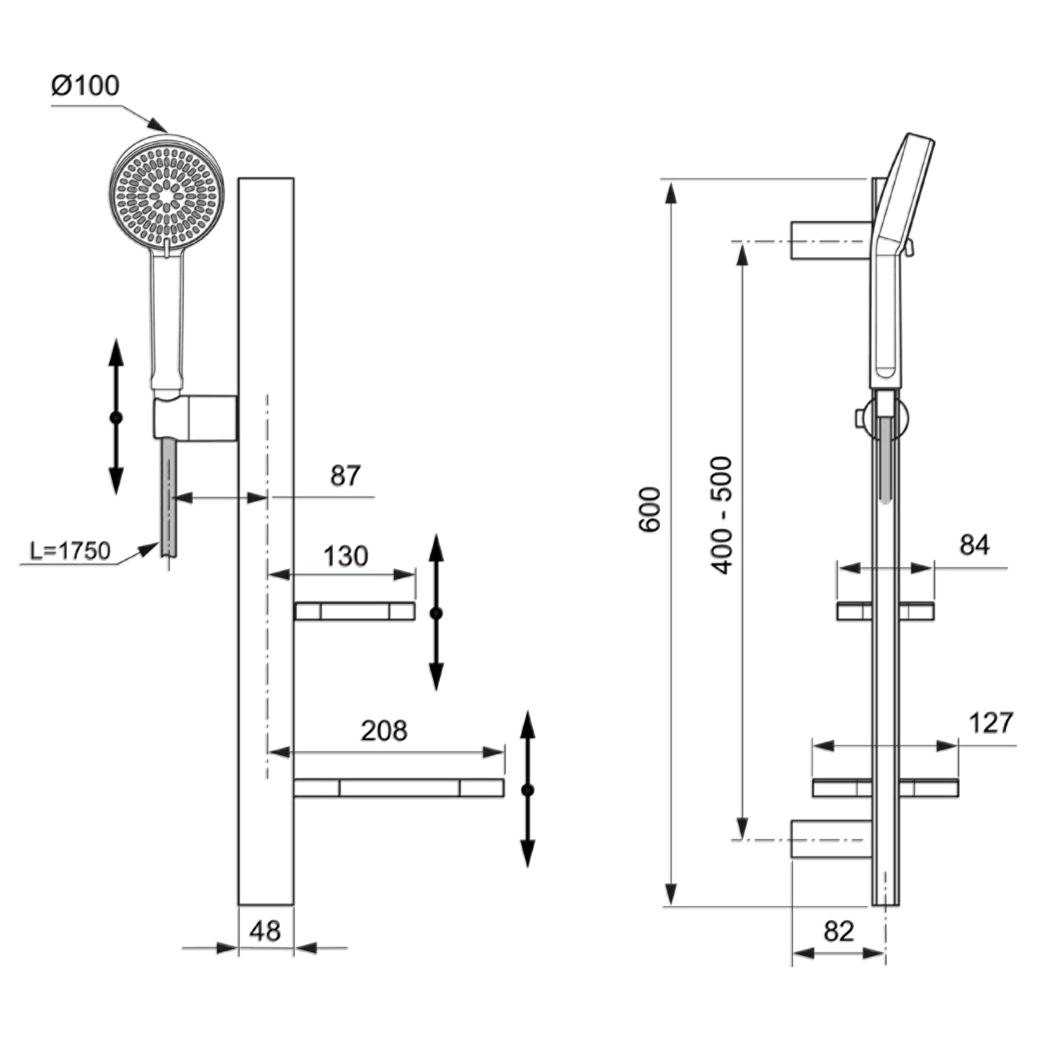 Ideal Standard Idealrain Alu+ Shower Rail Kit with Multi-Function Shower Handset & 2 Shelves
