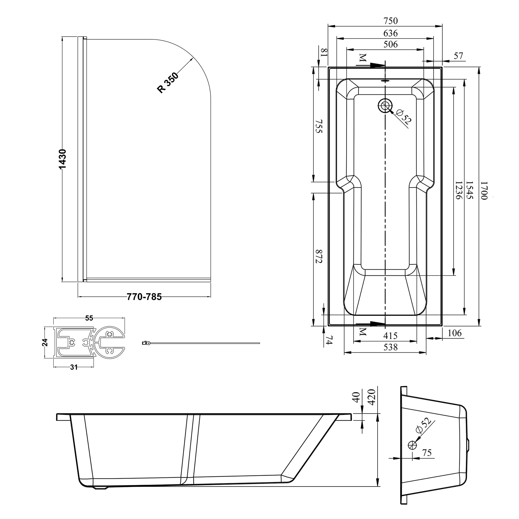 Armourcast Reinforced Keyhole Shower Bath & Brushed Brass Shower Screen - 1700mm