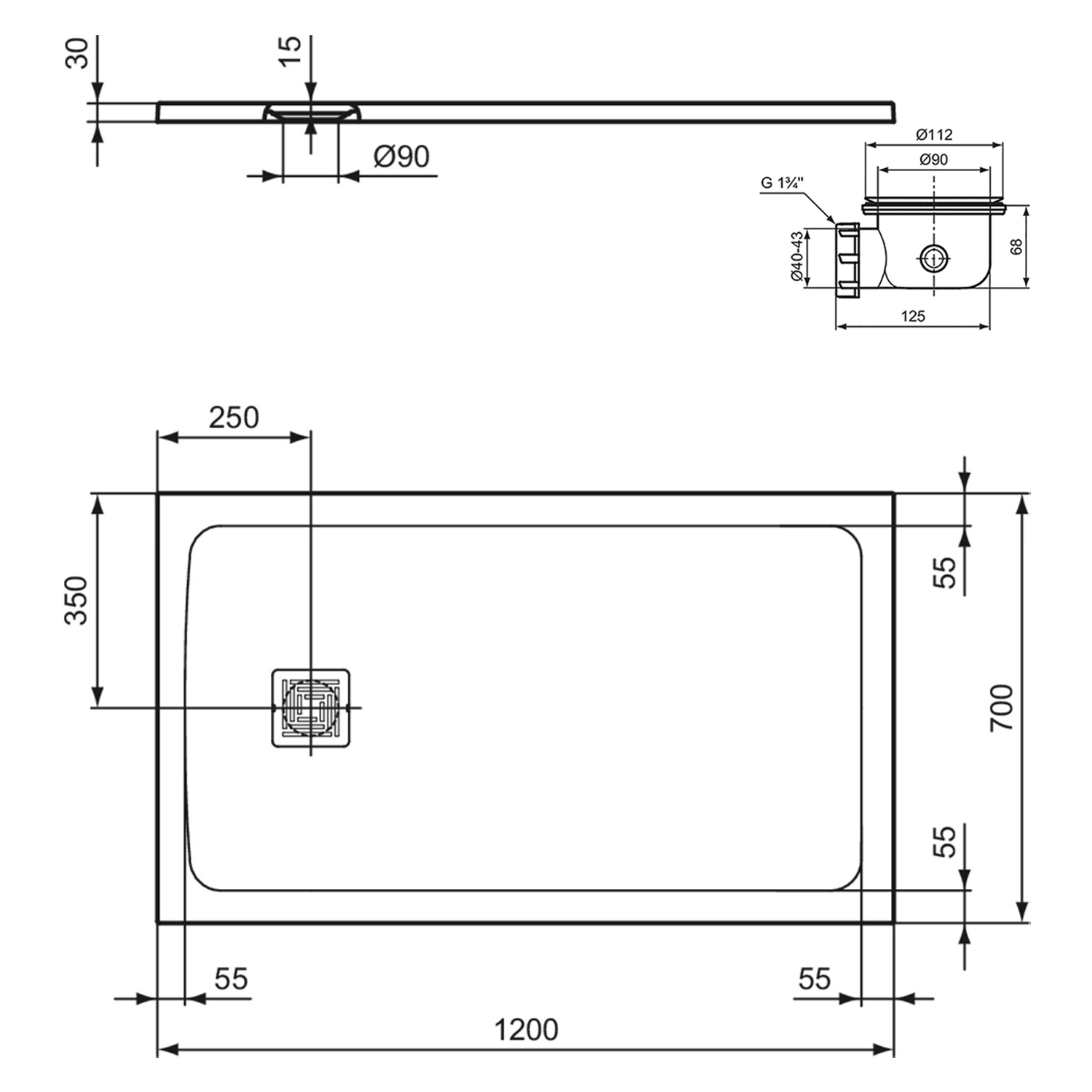Ideal Standard Ultra Flat S+ Concrete Grey Rectangular Anti-Slip Stone Resin Shower Tray - 7 Sizes