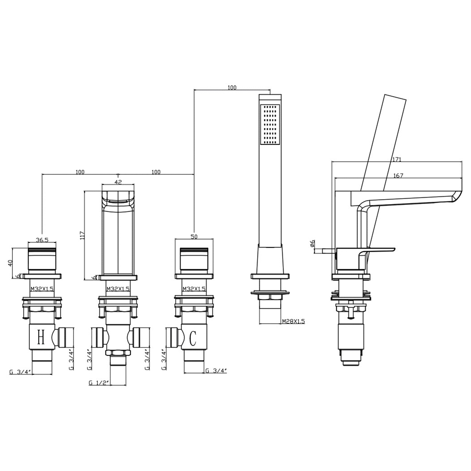 Harbour Status Chrome 4 Hole Bath Mixer with Pull Out Handset & Shower Kit