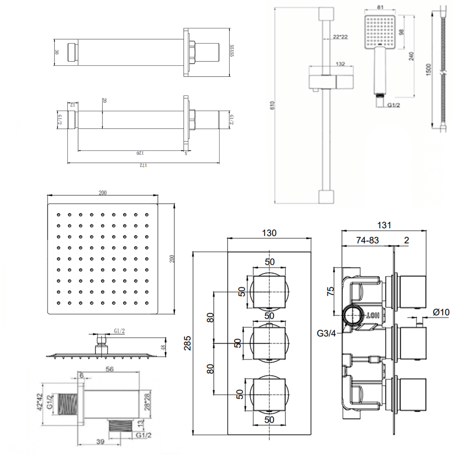 Harbour Status Concealed Shower Valve, Fixed Ceiling Mounted Head & Slide Rail Kit - Matt Black