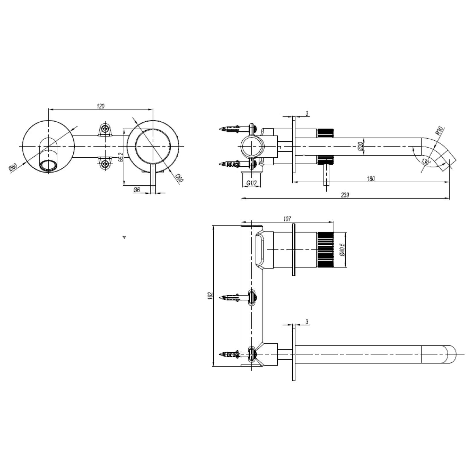 Crosswater 3ONE6 Stainless Steel Wall Mounted 2 Hole Basin Mixer Tap