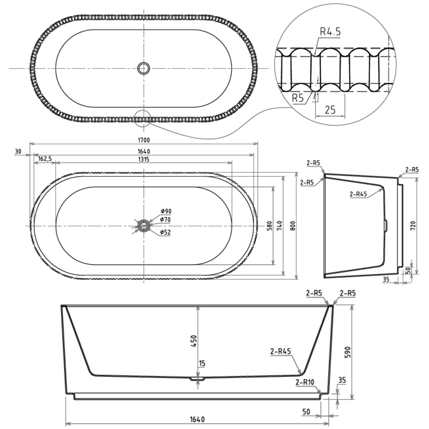 Billy Fluted Freestanding Bath - 1700 x 800mm