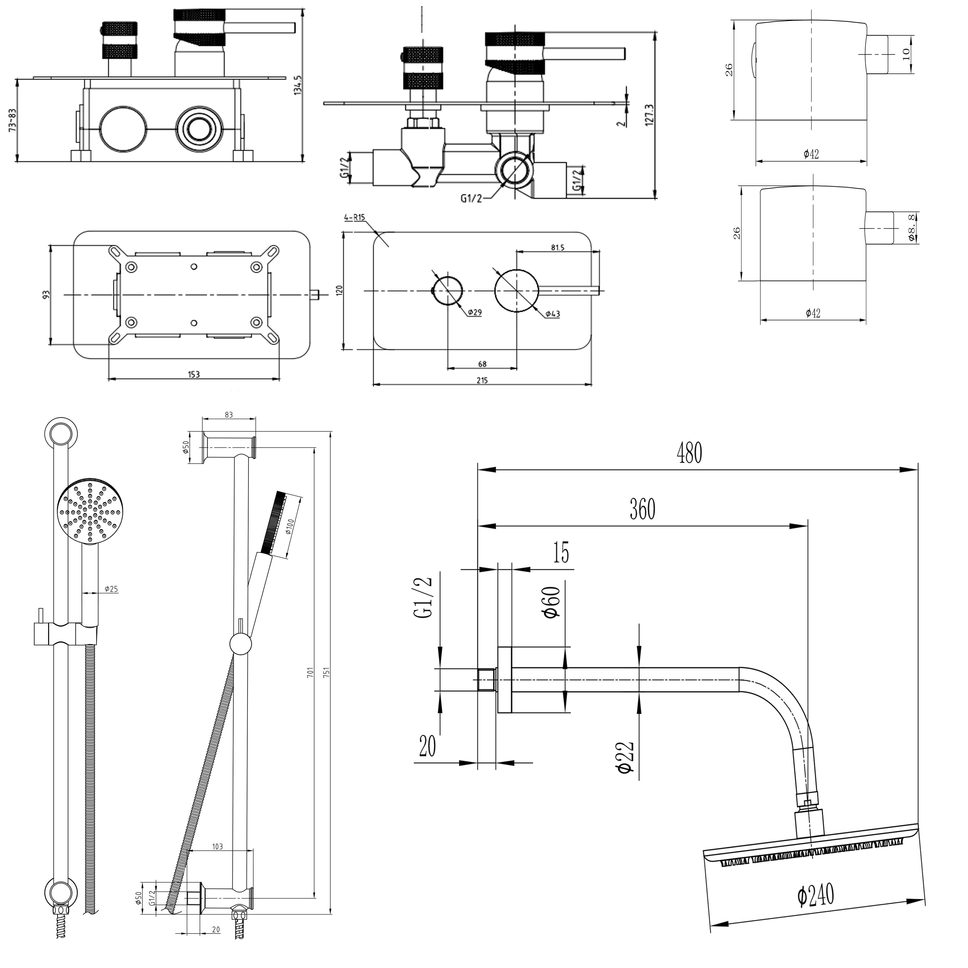 Core Shower Package with 2 Outlet Manual Valve, Fixed Wall Mounted Shower Head & Fluted Handset Slide Rail Kit