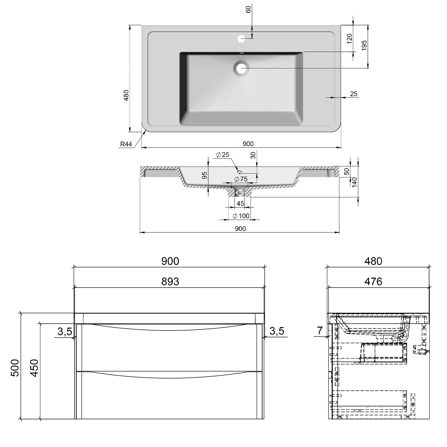 Harbour Origin 900mm Wall Mounted Vanity Unit & Basin