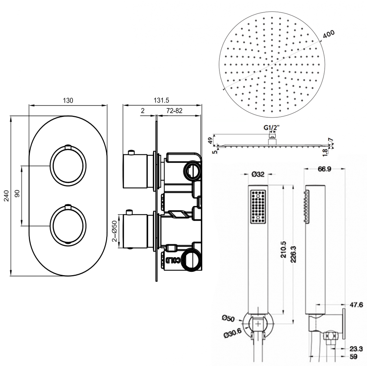 Adele Concealed Shower Valve, Fixed Head & Shower Handset