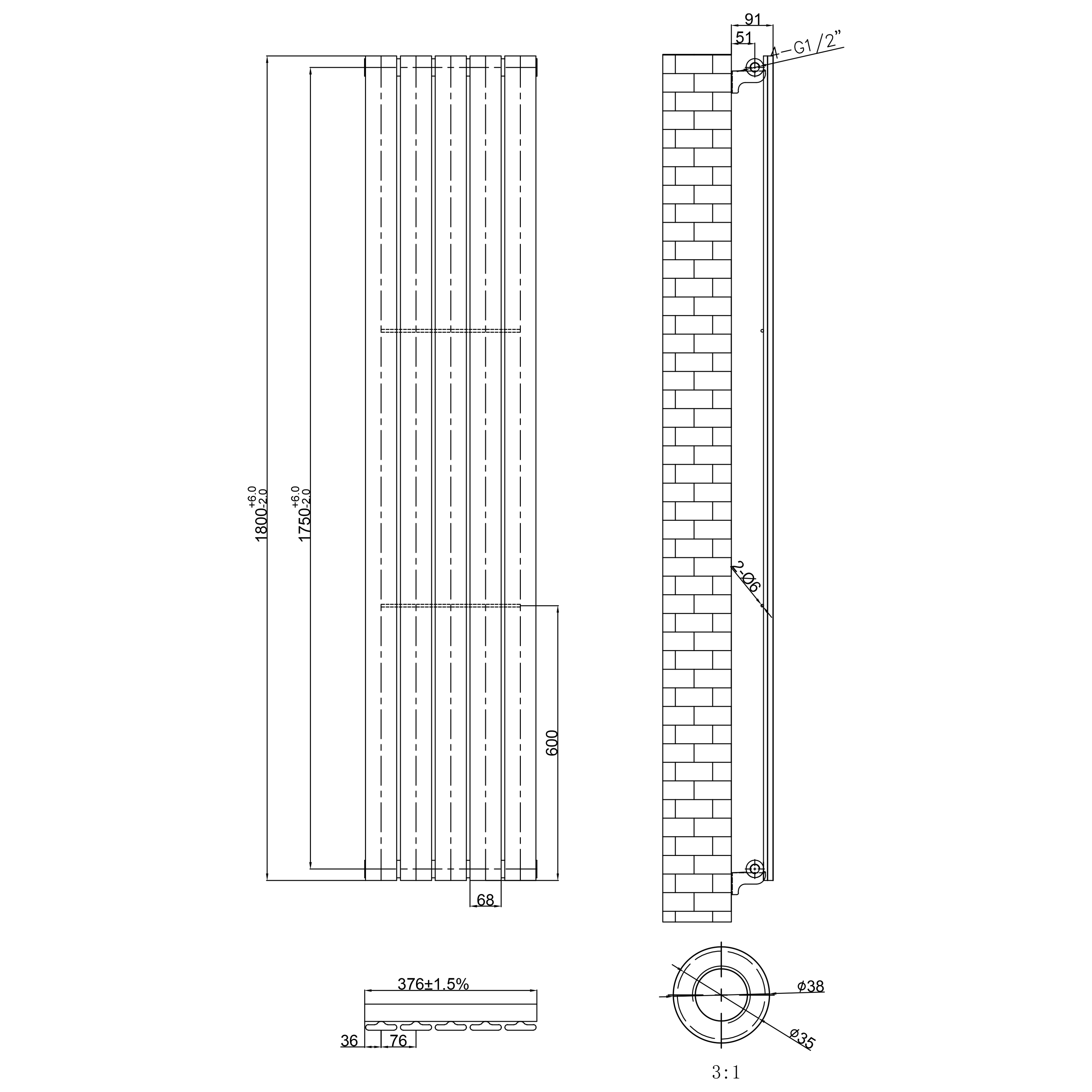 Toasty Radiance Chrome Single Flat Panel Vertical Radiator