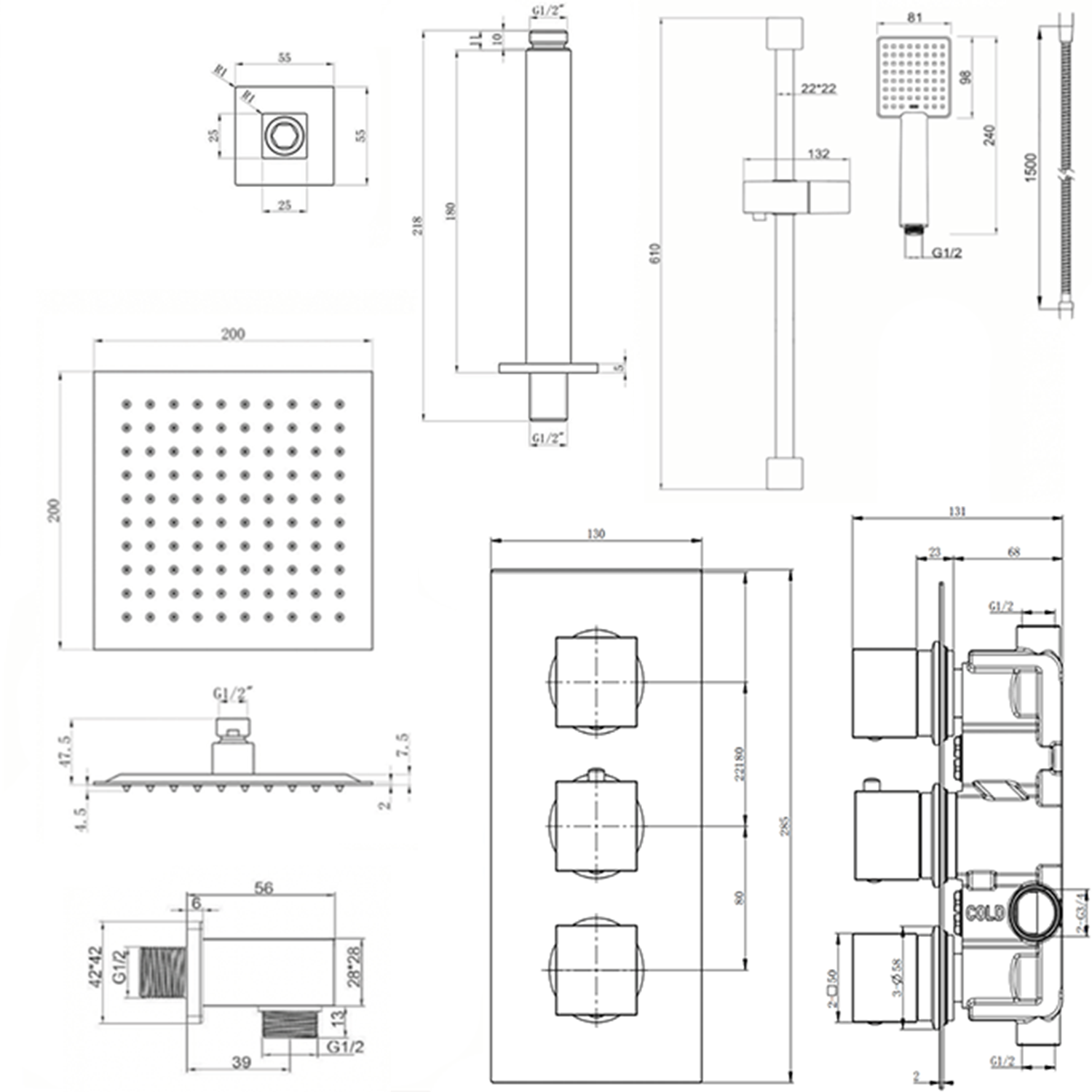 Harbour Status Concealed Shower Valve, Fixed Ceiling Mounted Head & Slide Rail Kit - Matt Black
