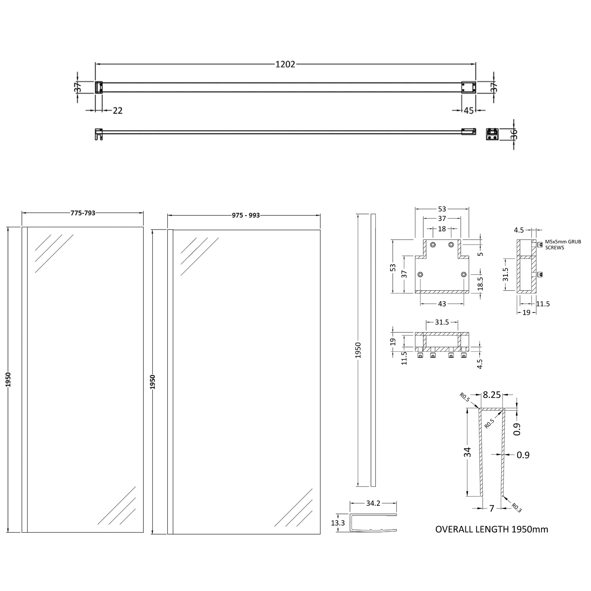 Harbour Frame Brushed Brass Walk in Glass Shower Screen 2 Panel Pack with Support Bar