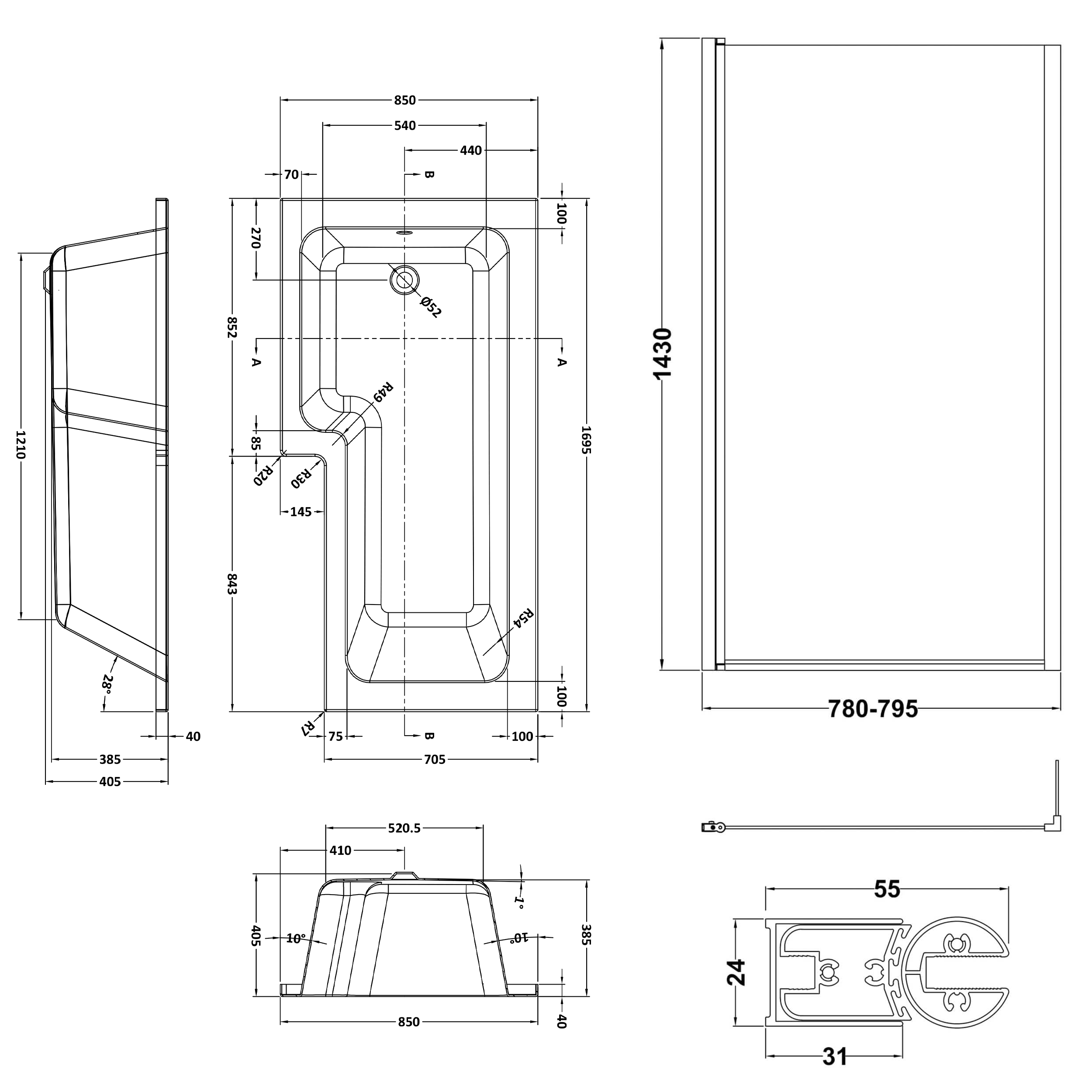 Drench L Shaped Shower Bath with Black Shower Screen & Panel - 1700mm