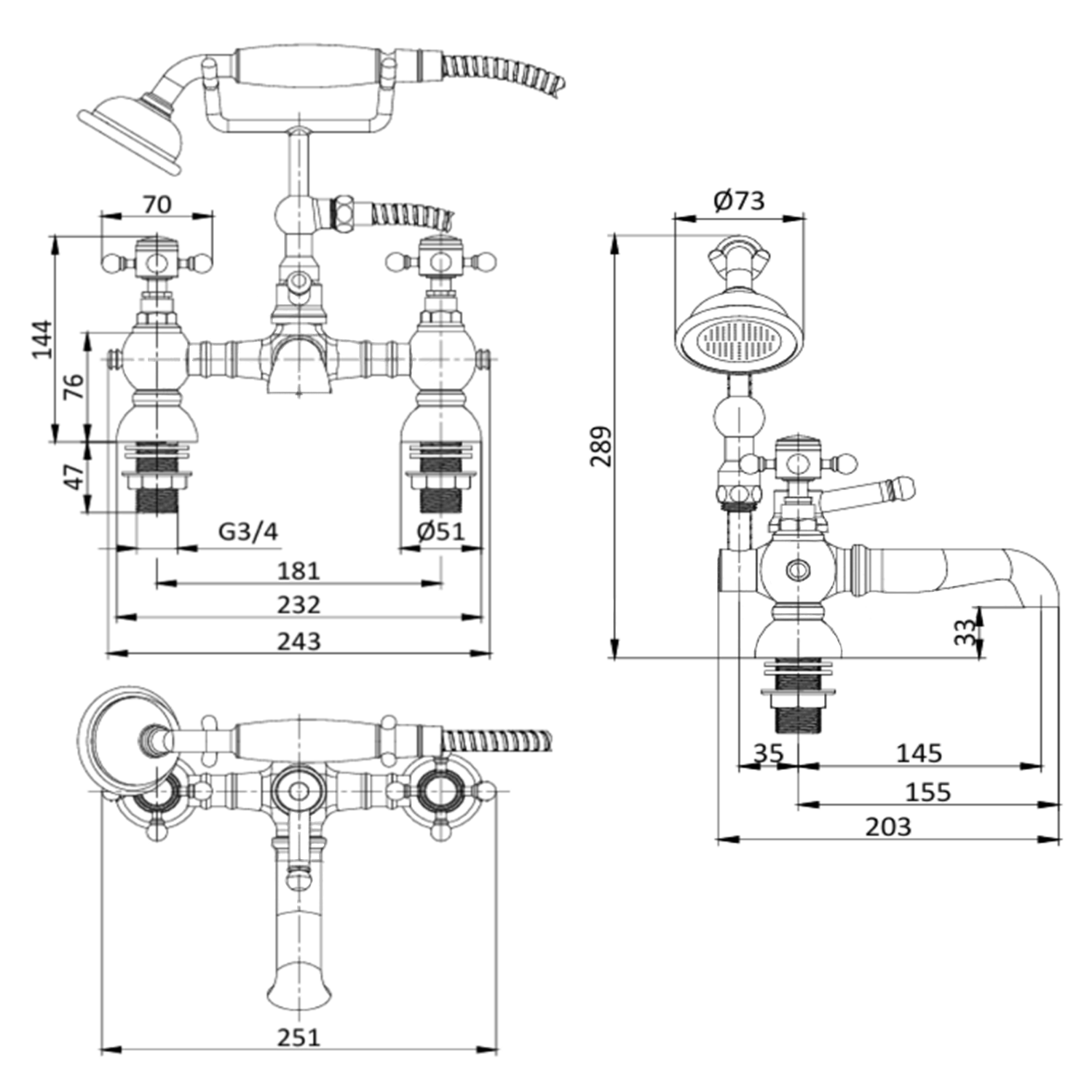 Butler & Rose Eliza Crosshead Deck Mounted Bath Shower Mixer Tap