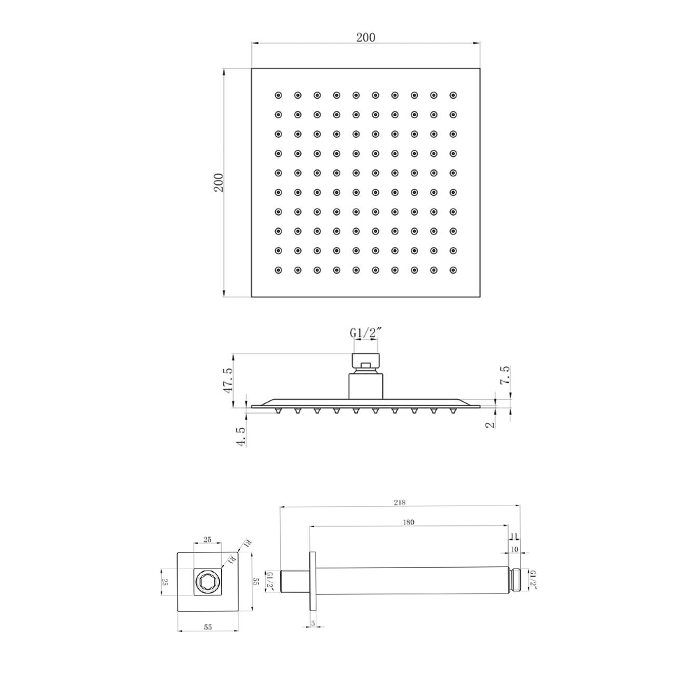 Harbour Status Matt Black 200mm Fixed Shower Head & Ceiling Arm