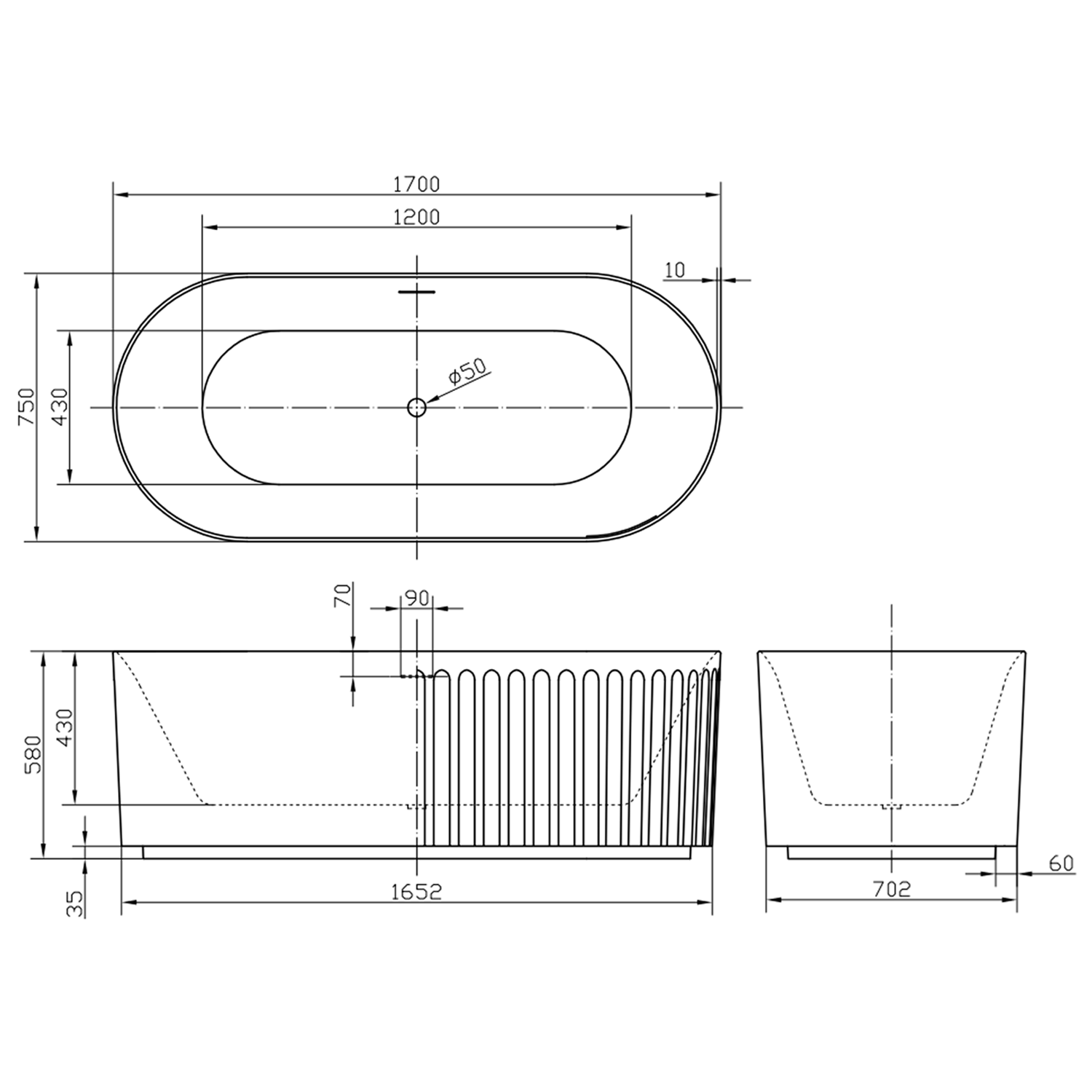 Drench Groove Oval Fluted Acrylic Bath - 1700 x 750mm