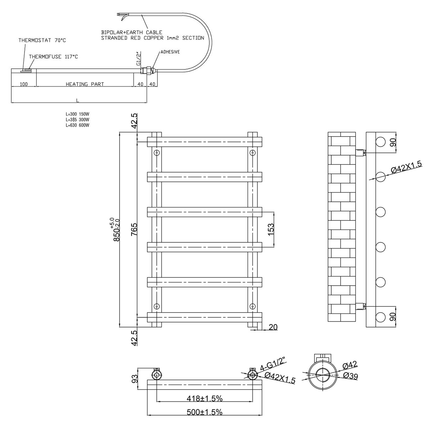 Toasty Yarrow Brushed Brass Electric Heated Towel Rail with Heating Element