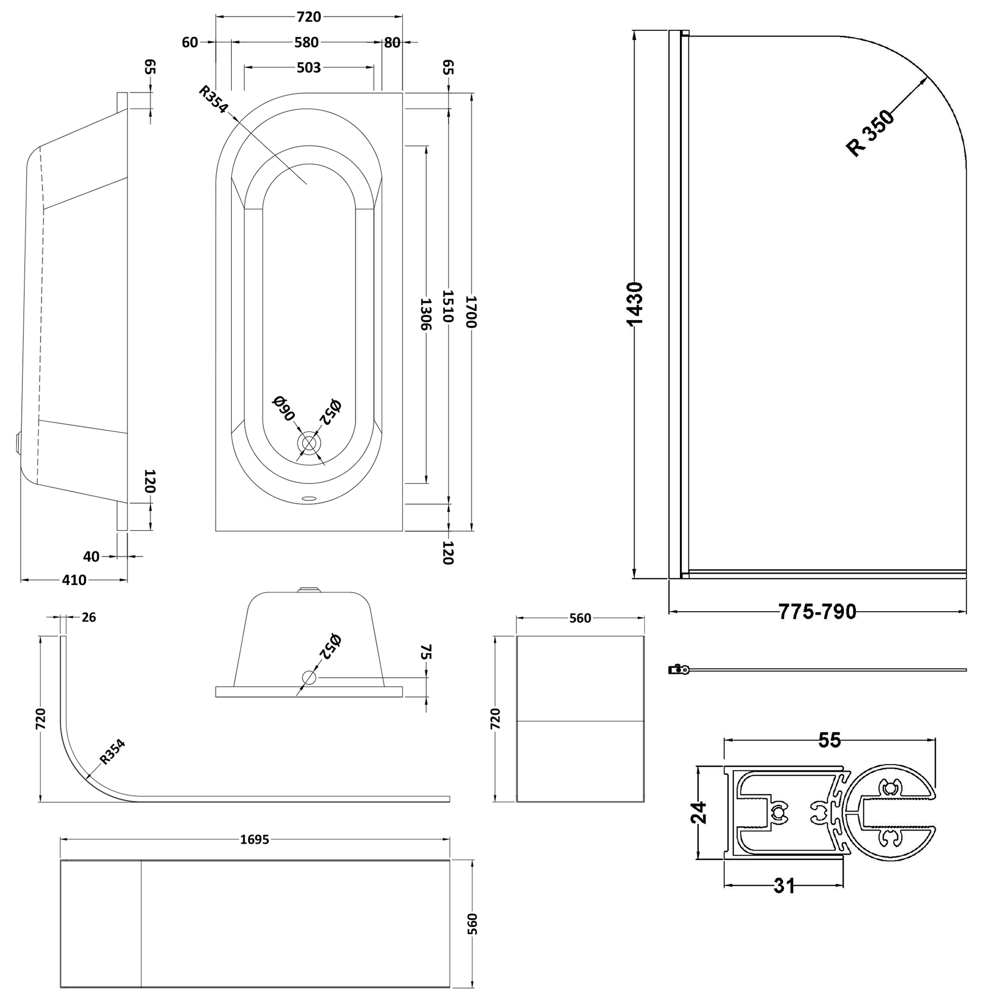 Drench J Shaped Shower Bath with Panel & Brushed Brass Shower Screen - 1700mm