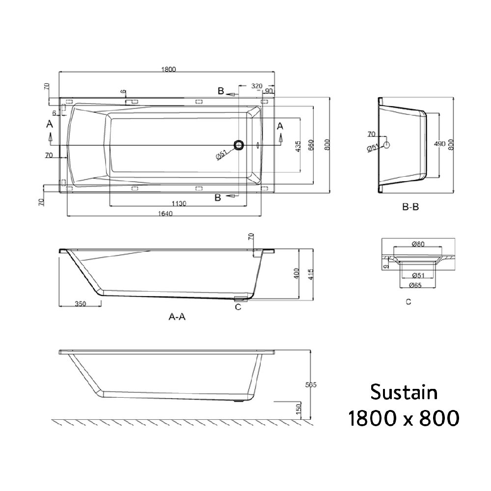 Britton Bathrooms Sustain Bath - 1600, 1700 & 1800mm