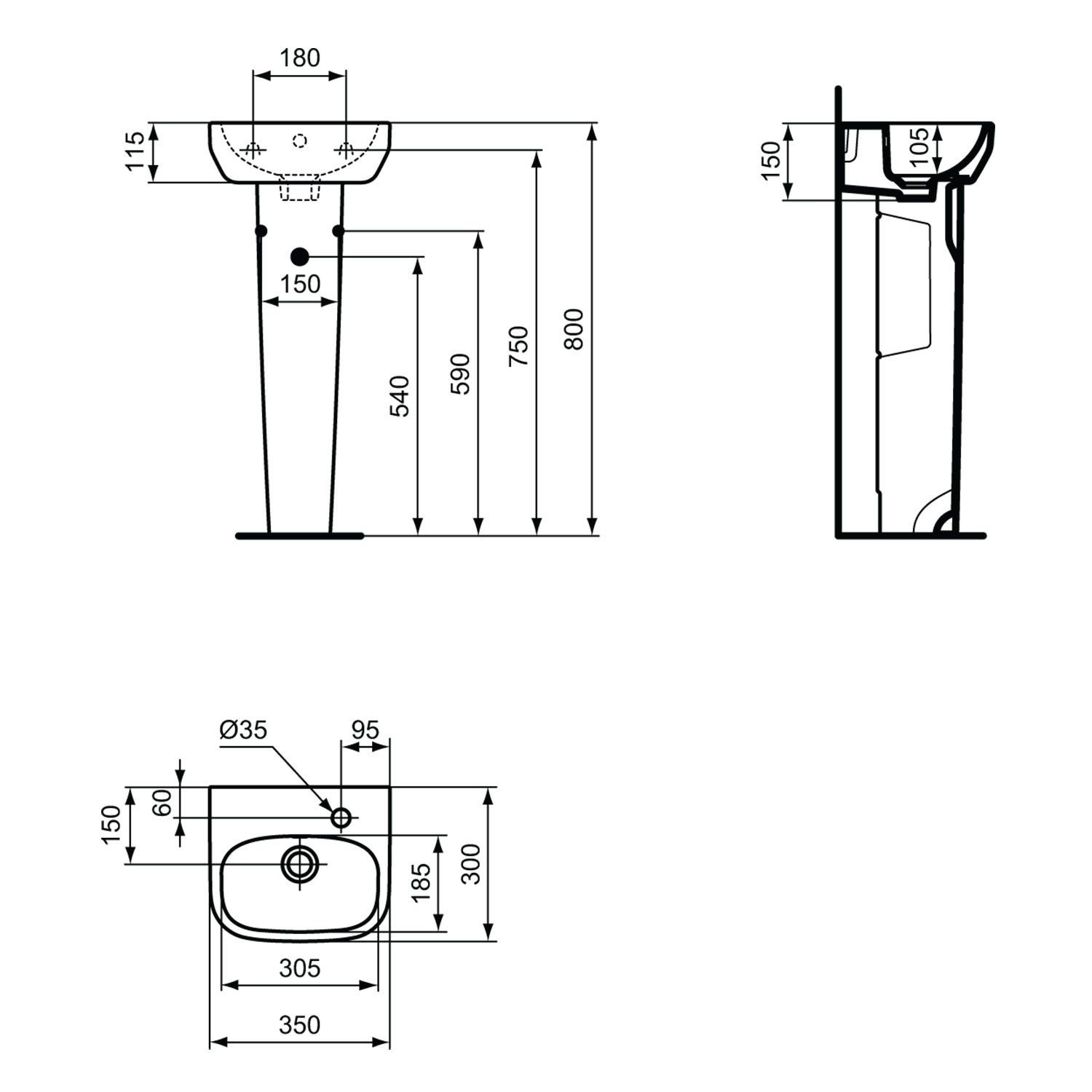 Ideal Standard i.life A 350mm Cloakroom Basin & Pedestal - Left or Right Hand Tap Hole