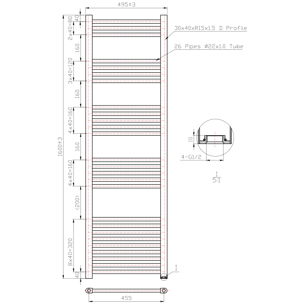Brenton Chrome Straight Heated Towel Radiator - 22mm - H1600 x W500mm