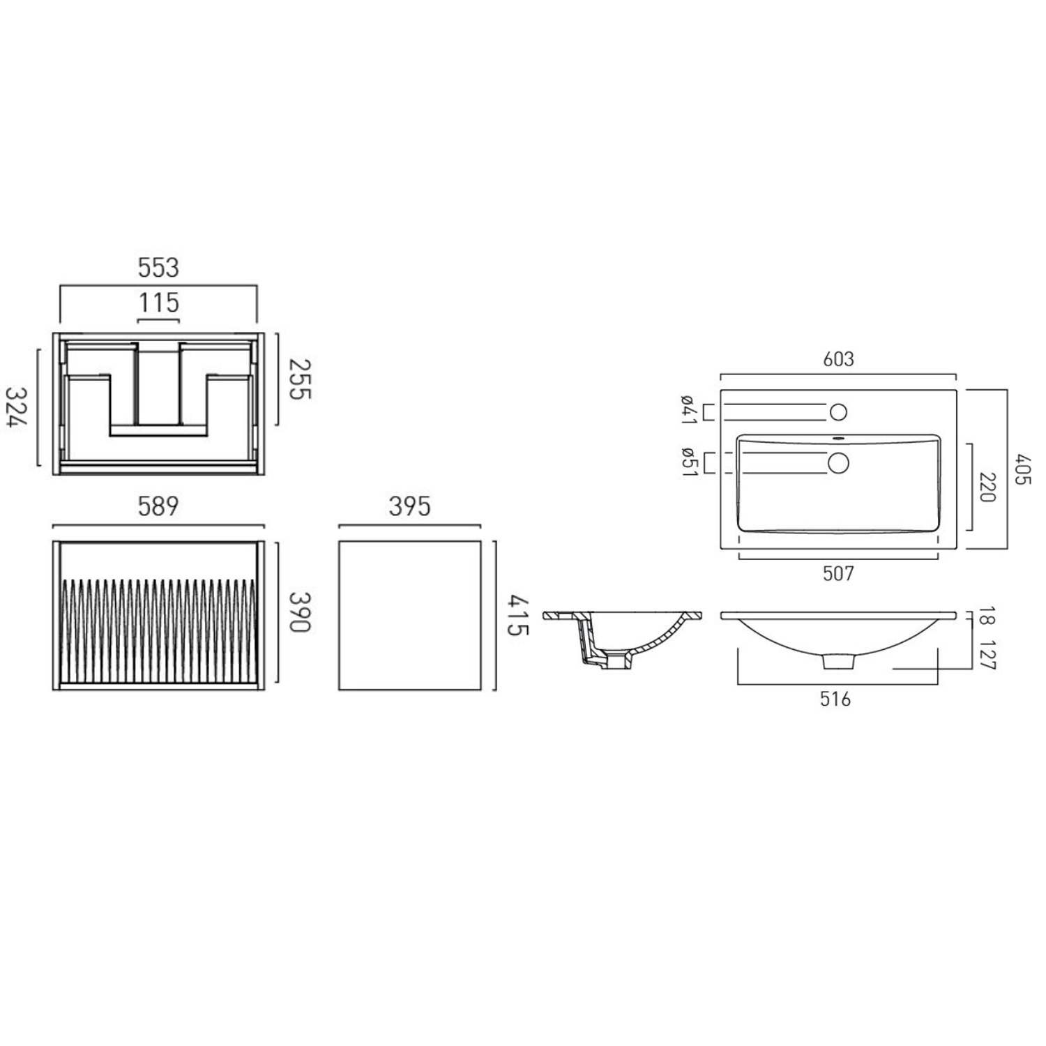 Vado Safari 600mm Fluted Wall Hung Vanity Unit & Basin