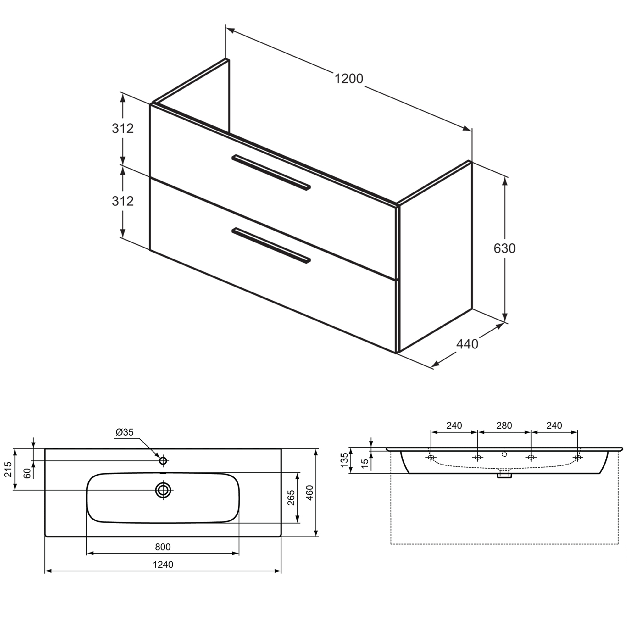 Ideal Standard i.life A 1240mm Wall Mounted 2 Drawer Vanity Unit & Basin