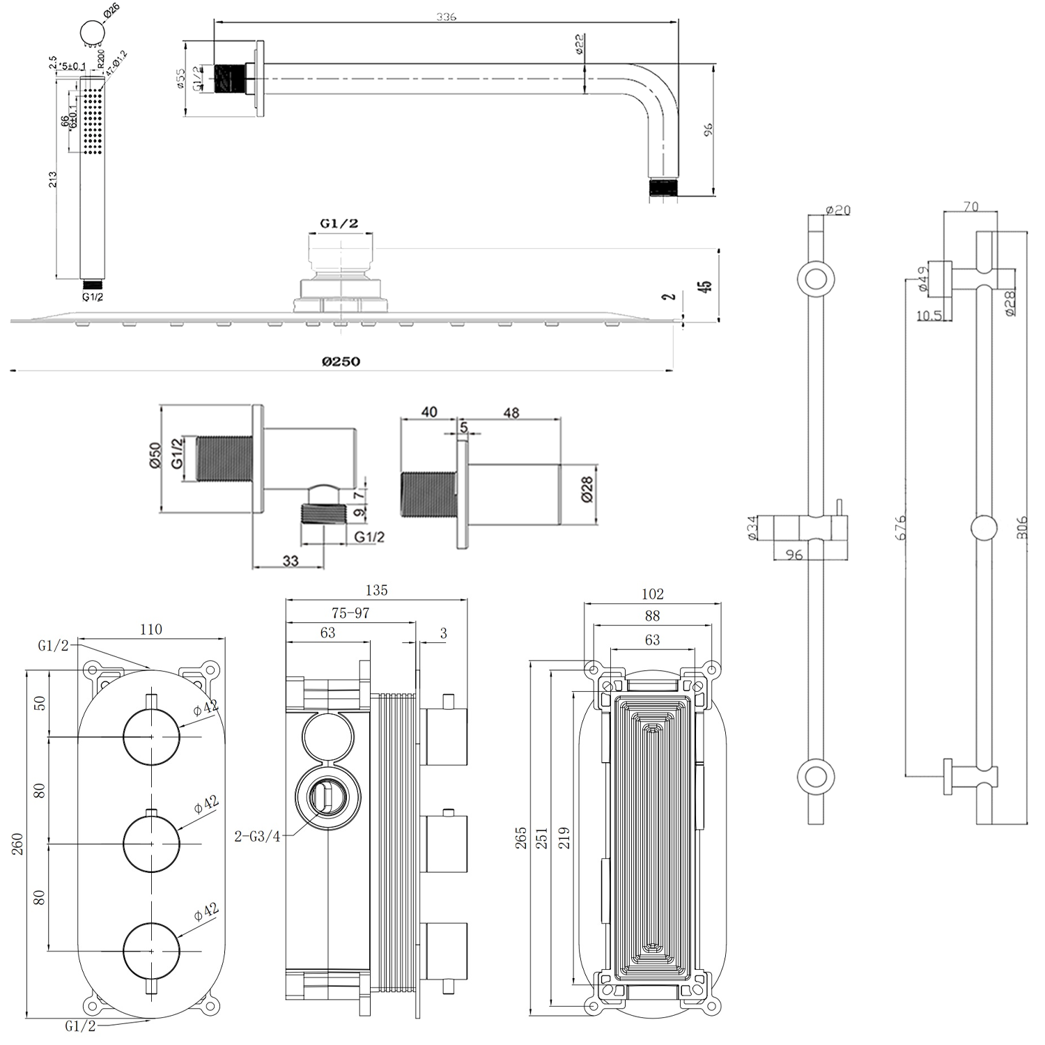 Harbour Clarity Brushed Bronze Shower Package with 2 Outlet Valve, Fixed Head & Wall Mounted Arm and Slide Rail Shower Kit