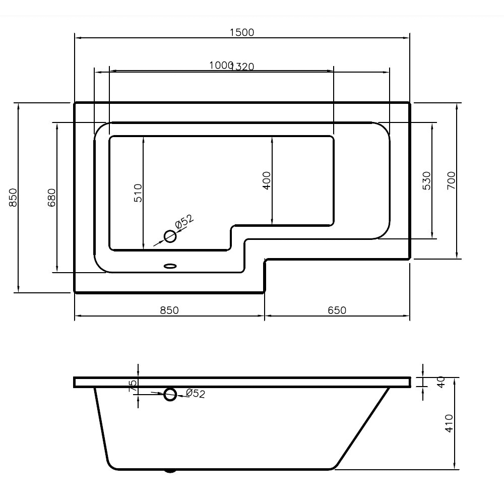 Charlie L-Shaped Shower Bath with Screen & Front Panel - 1500 x 700mm