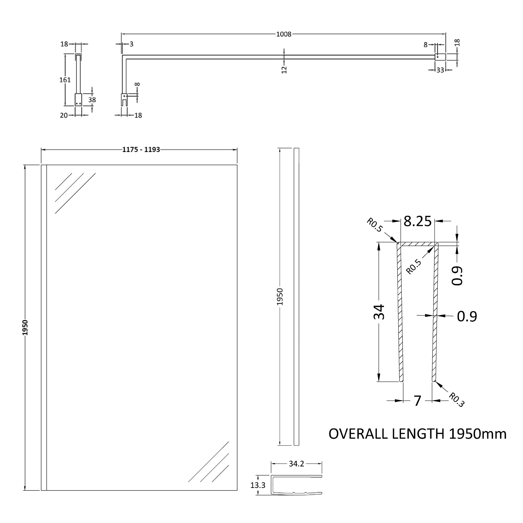 Harbour Frame Brushed Brass Walk in Glass Shower Screen with Support Bar