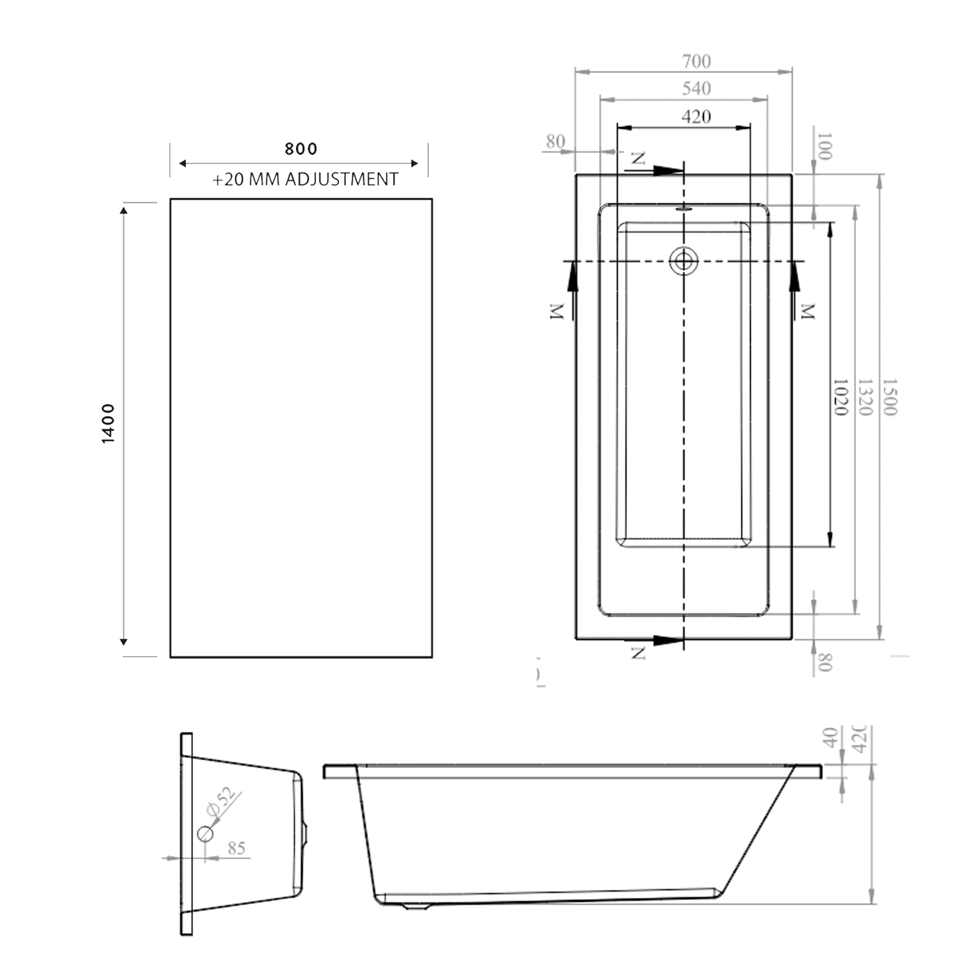 Armourcast Reinforced Straight Square Single Ended Bath with Shower Screen