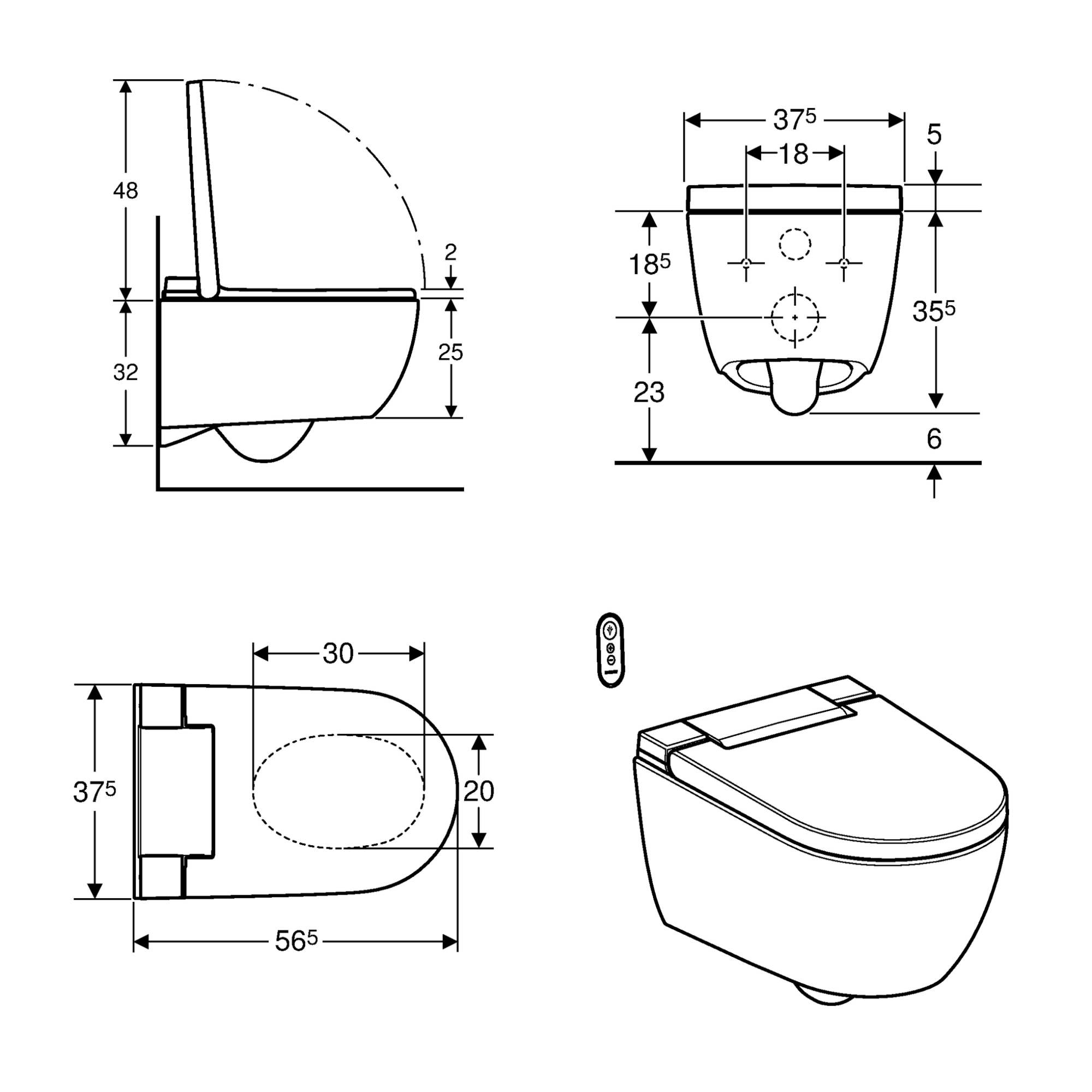 Geberit AquaClean Alba Rimless Wall Hung Smart Toilet with Wrap Over Soft Close Seat & Remote Control