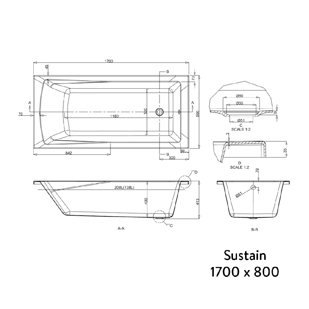 Britton Bathrooms Sustain Bath - 1600, 1700 & 1800mm