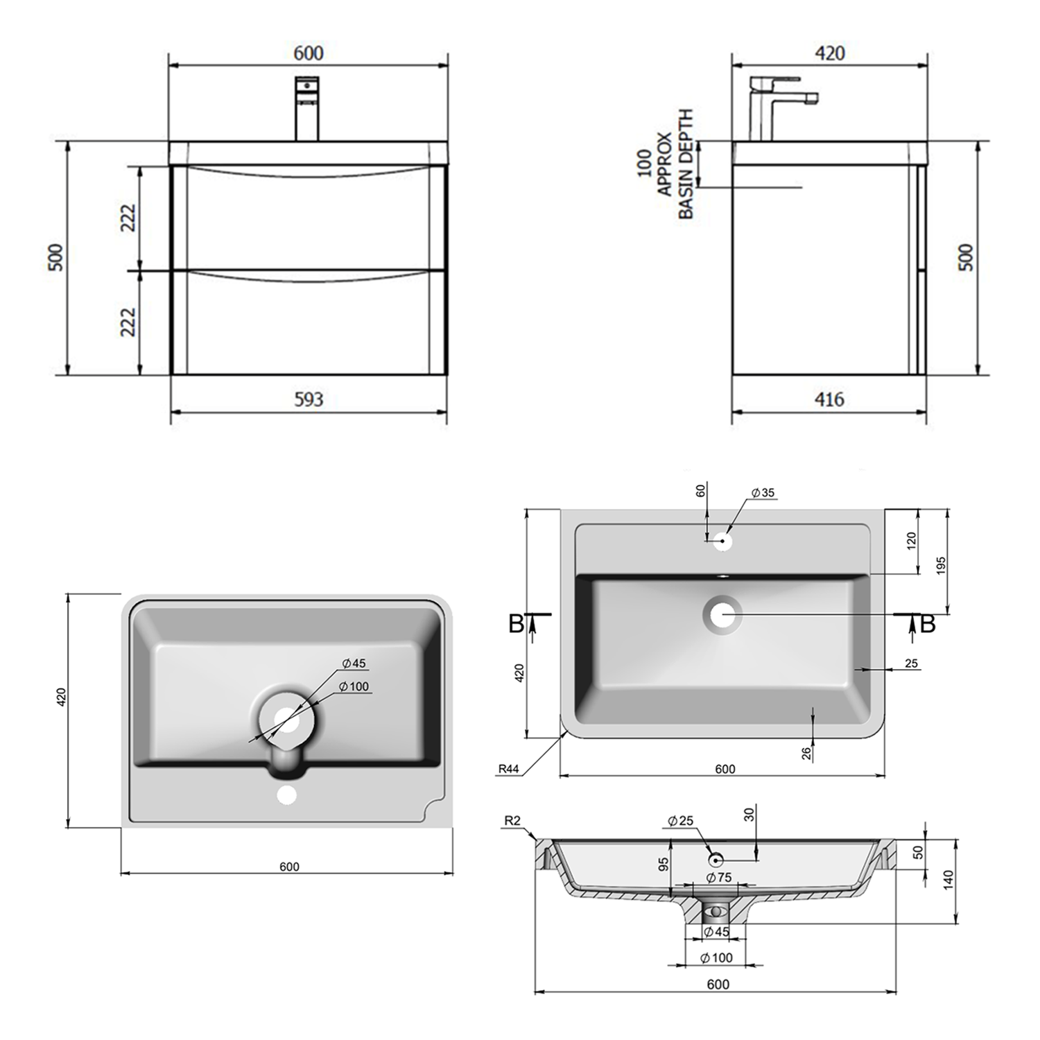 Harbour Clarity 600mm Wall Mounted White Ash Vanity Unit & Basin